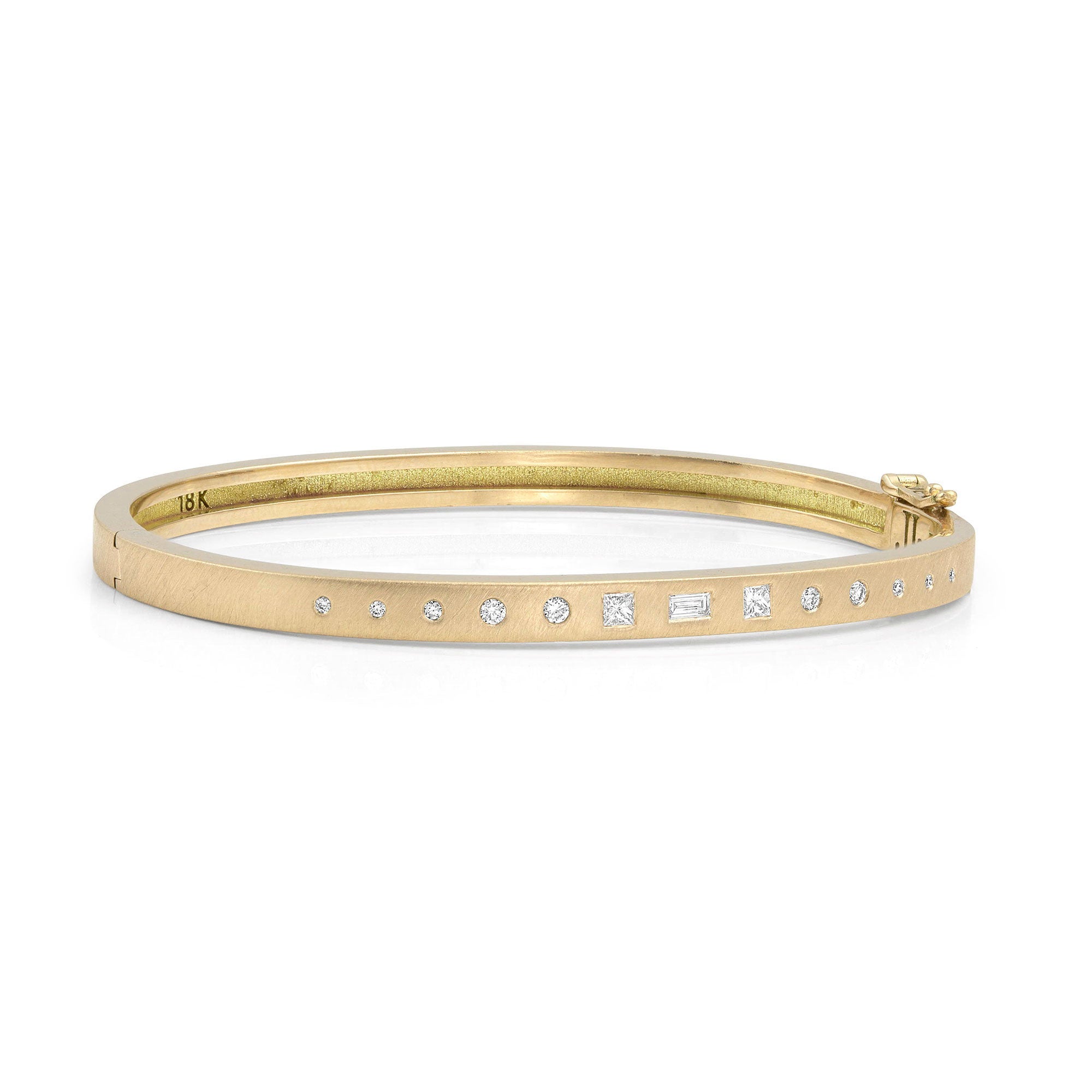 18k yellow gold hinged bangle bracelet with mixed cut white diamonds on white background