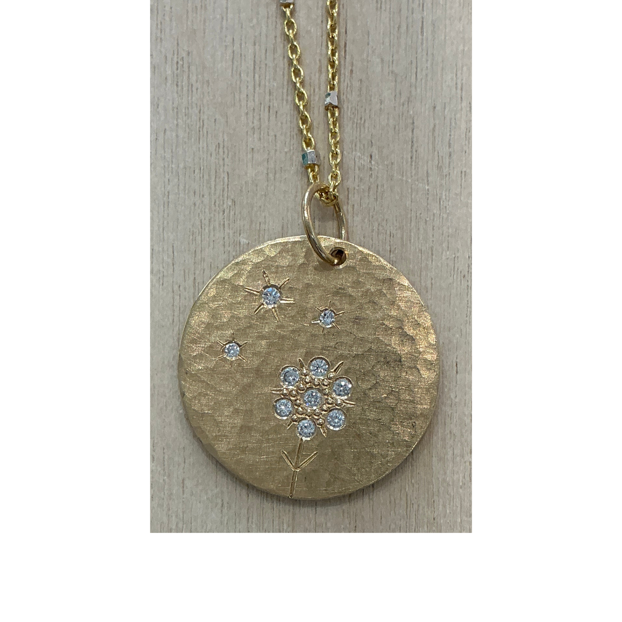 HARI Small 14k Gold Round Hammered Pendant with White Diamond Flower and Stars