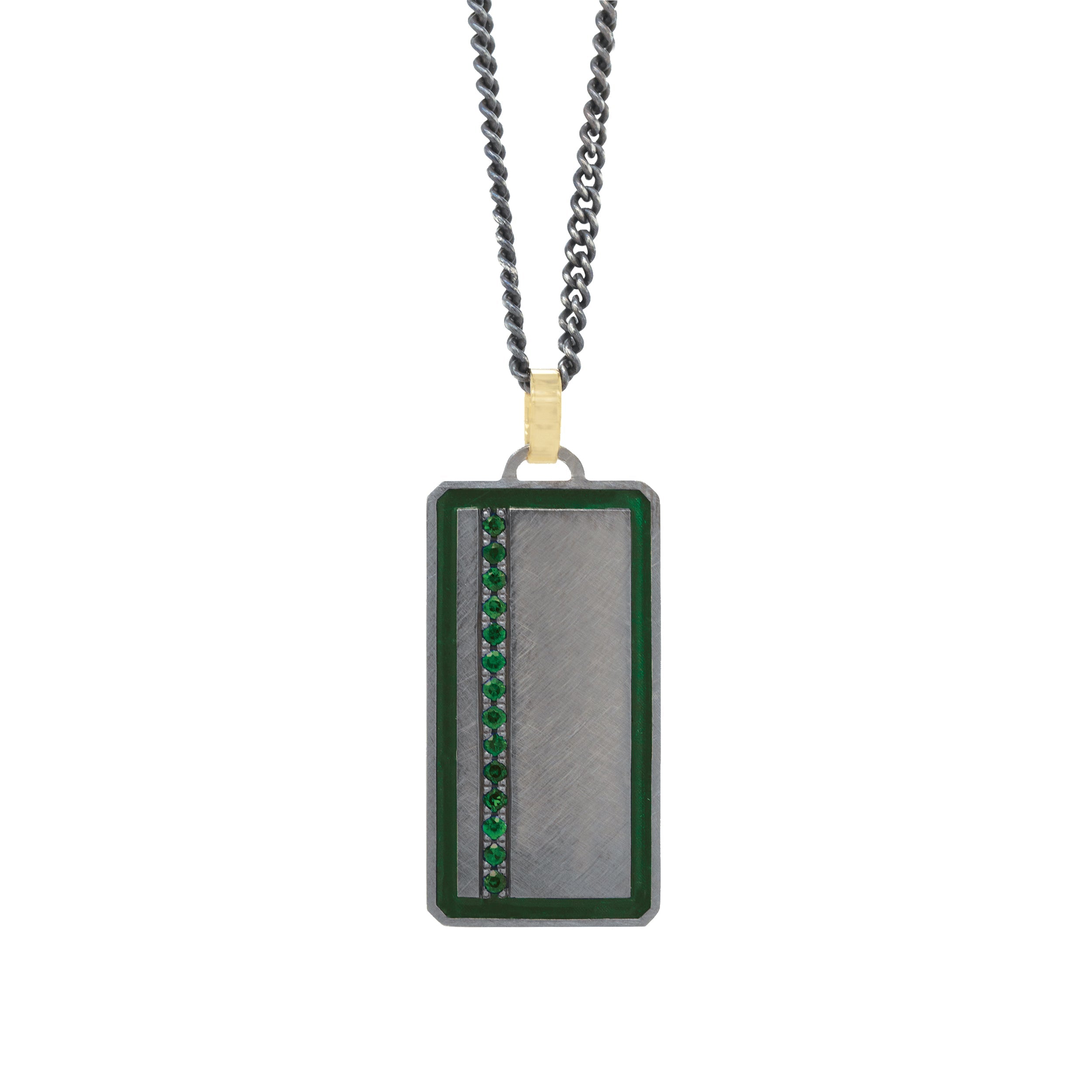 blackened sterling silver rectangular pendant with colored enamel and colored gemstone line with 14k yellow gold jump ring on white background