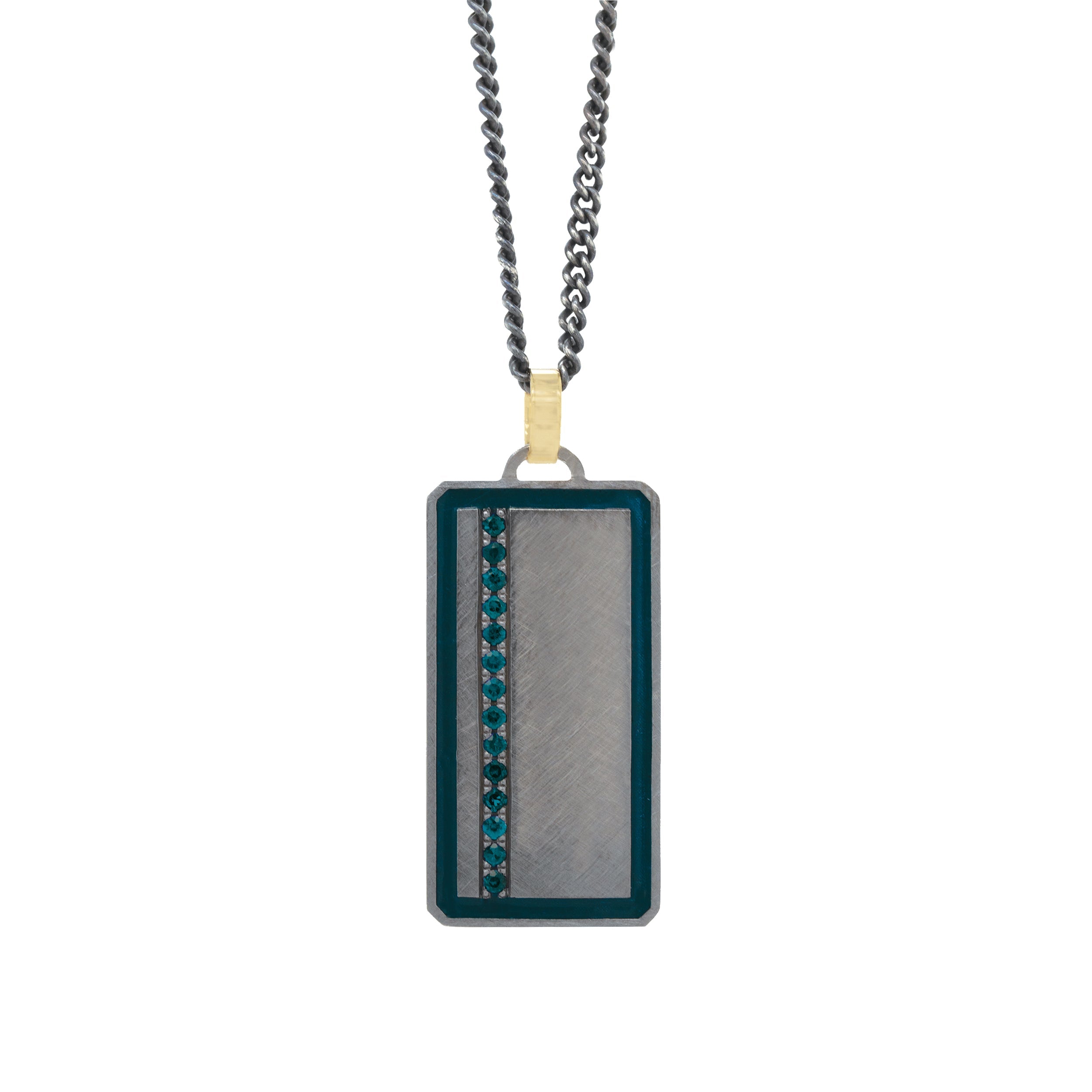 blackened sterling silver rectangular pendant with colored enamel and colored gemstone line with 14k yellow gold jump ring on white background