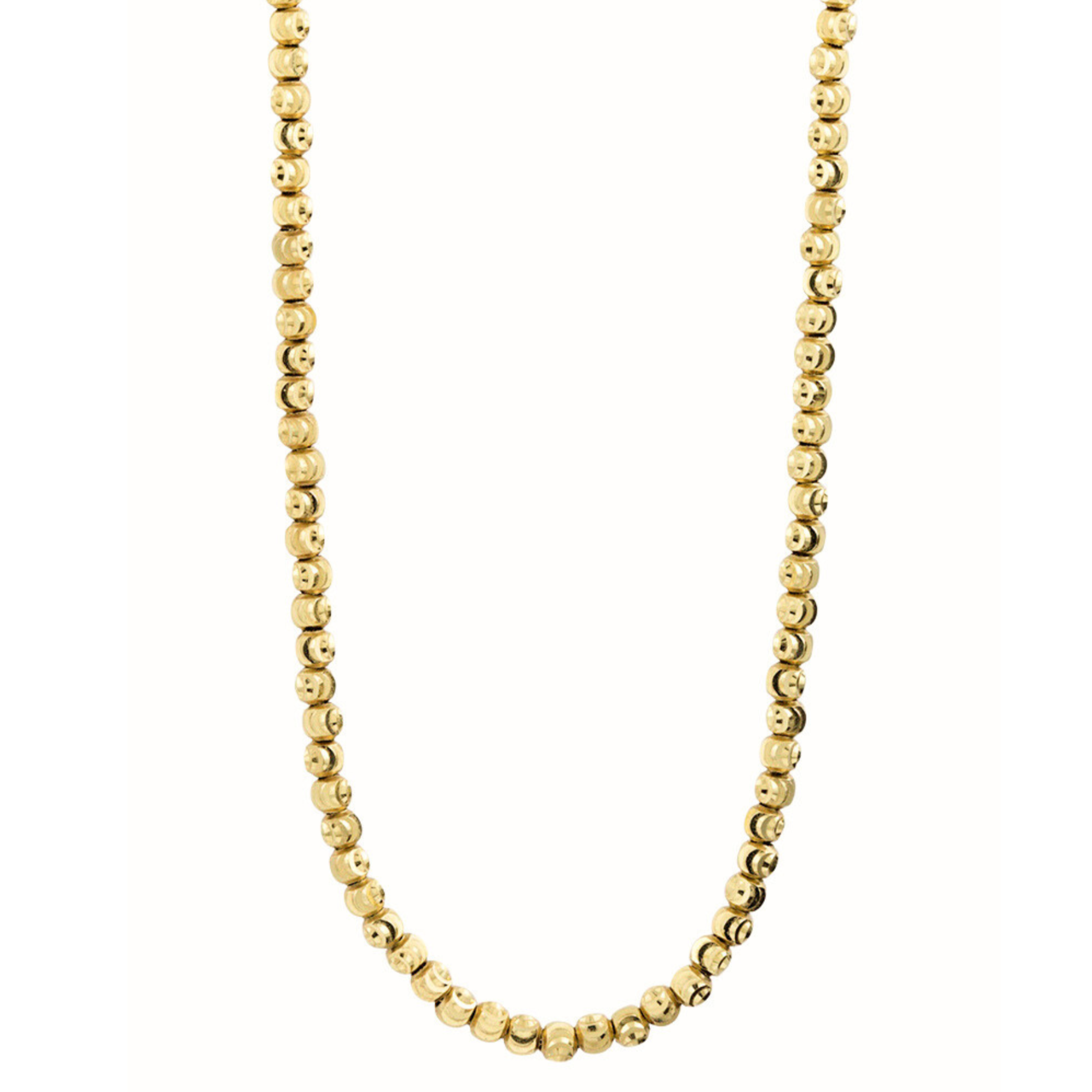 14k Yellow gold choker necklace. Faceted moon cut solid gold beads close up on white background