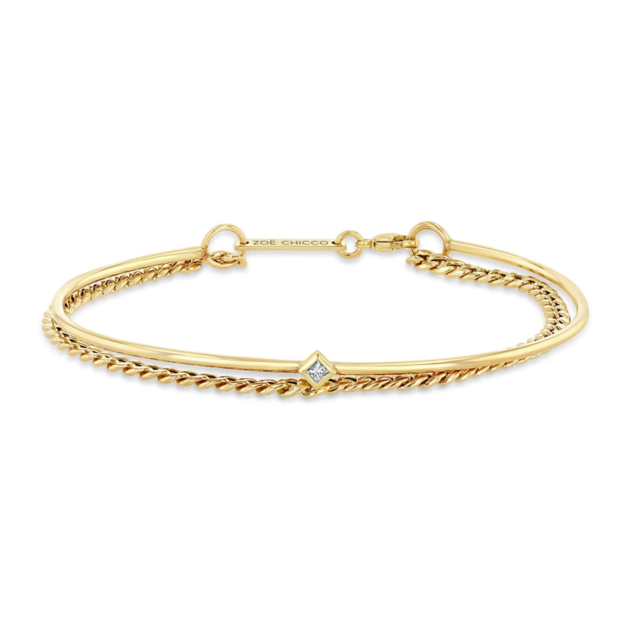 Zoe Chicco 14k Princess Diamond Cuff & Small Curb Chain Double Bracelet