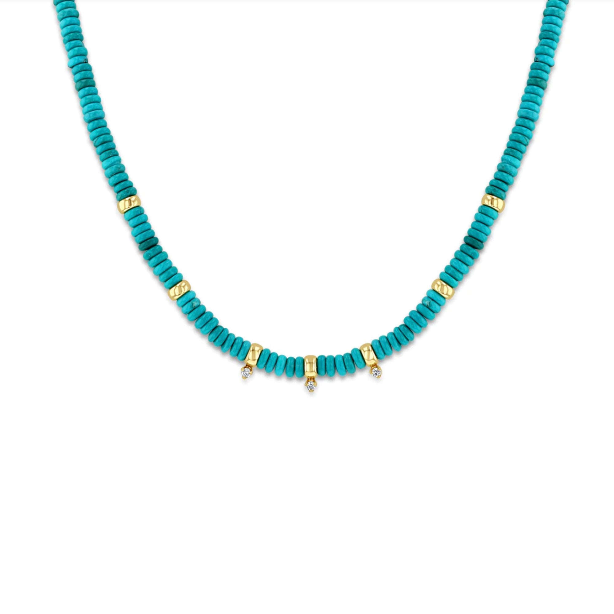 Zoe Chicco 14k Gold and Turquoise Rondelle Bead Necklace with 3 Prong Diamonds