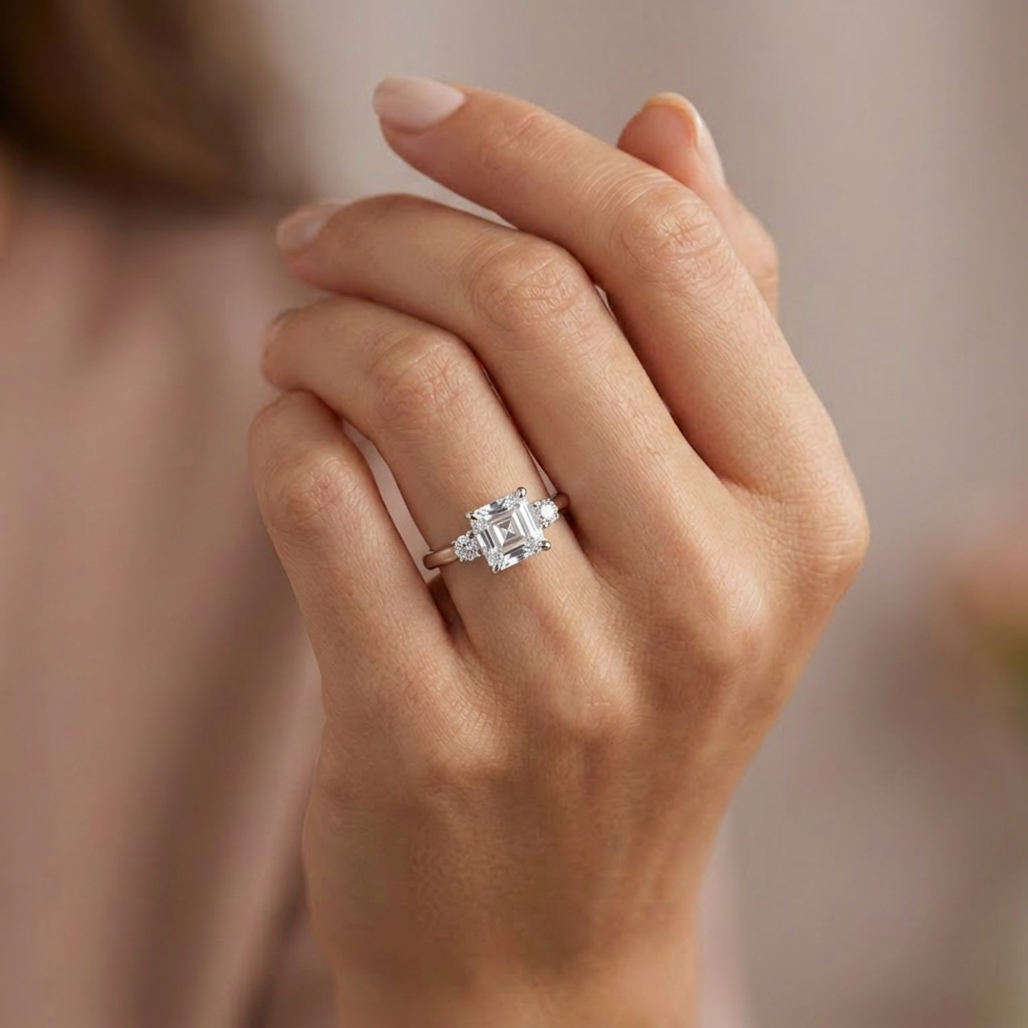 Asscher cut diamond with square prong setting and round brilliant accent stones, three stone engagement ring in 14k white gold on a white background