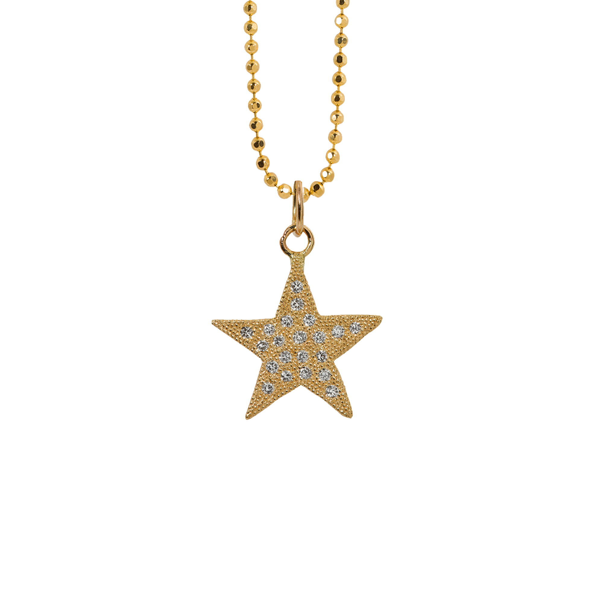 14k yellow gold star pendant charm with beaded texture and white diamonds on diamond cut ball chain on white background