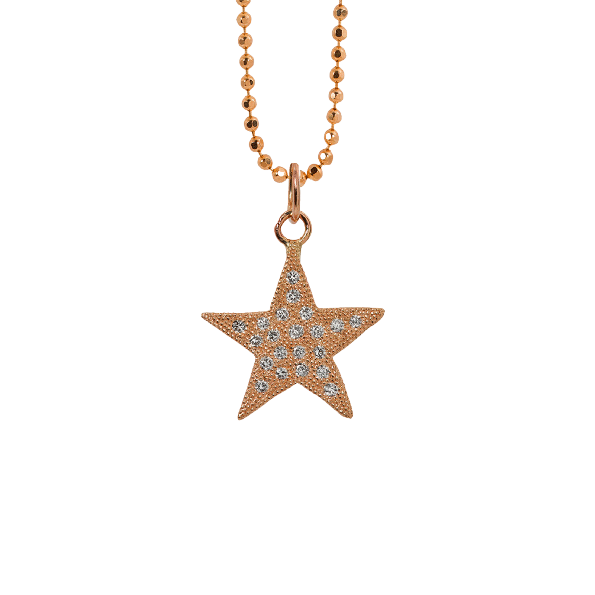14k rose gold star pendant charm with beaded texture and white diamonds on diamond cut ball chain on white background