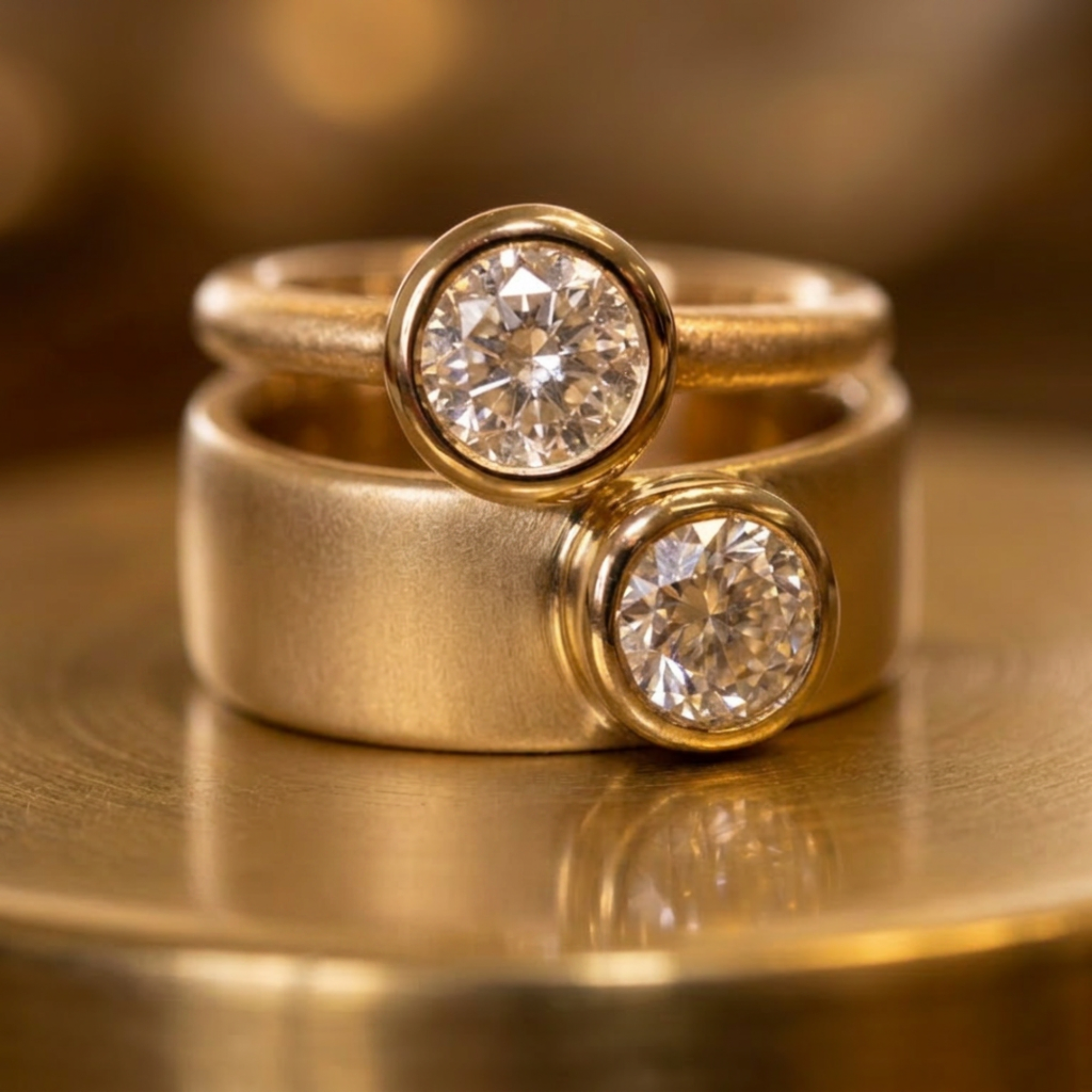 Bezel solitaire round brilliant diamond engagement ring stacked with cigar band and European shank ring, third lifestyle shot on a model's hand