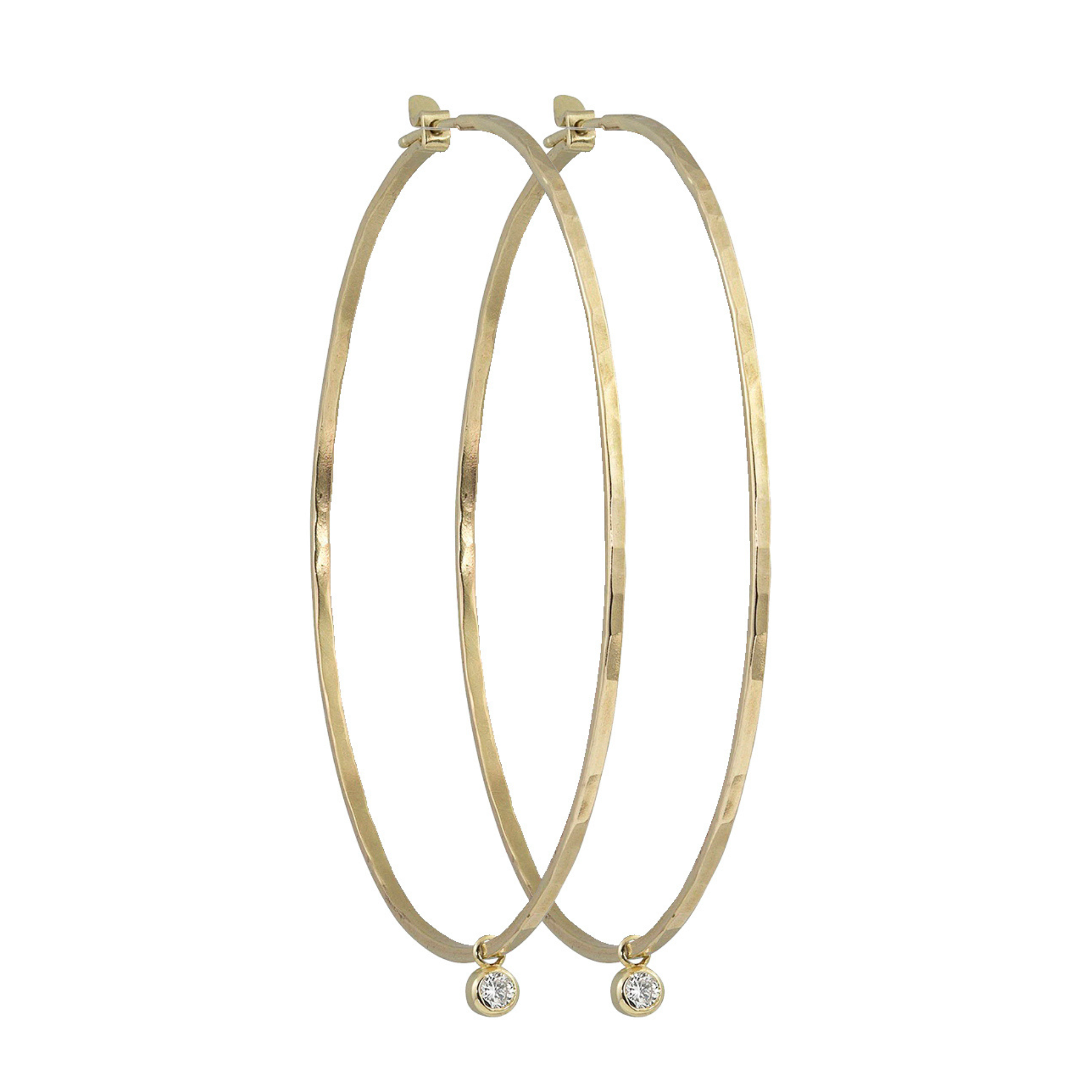 14k yellow gold baby diamond bezel hoop charms on orms hammered wire hoop earrings on white background