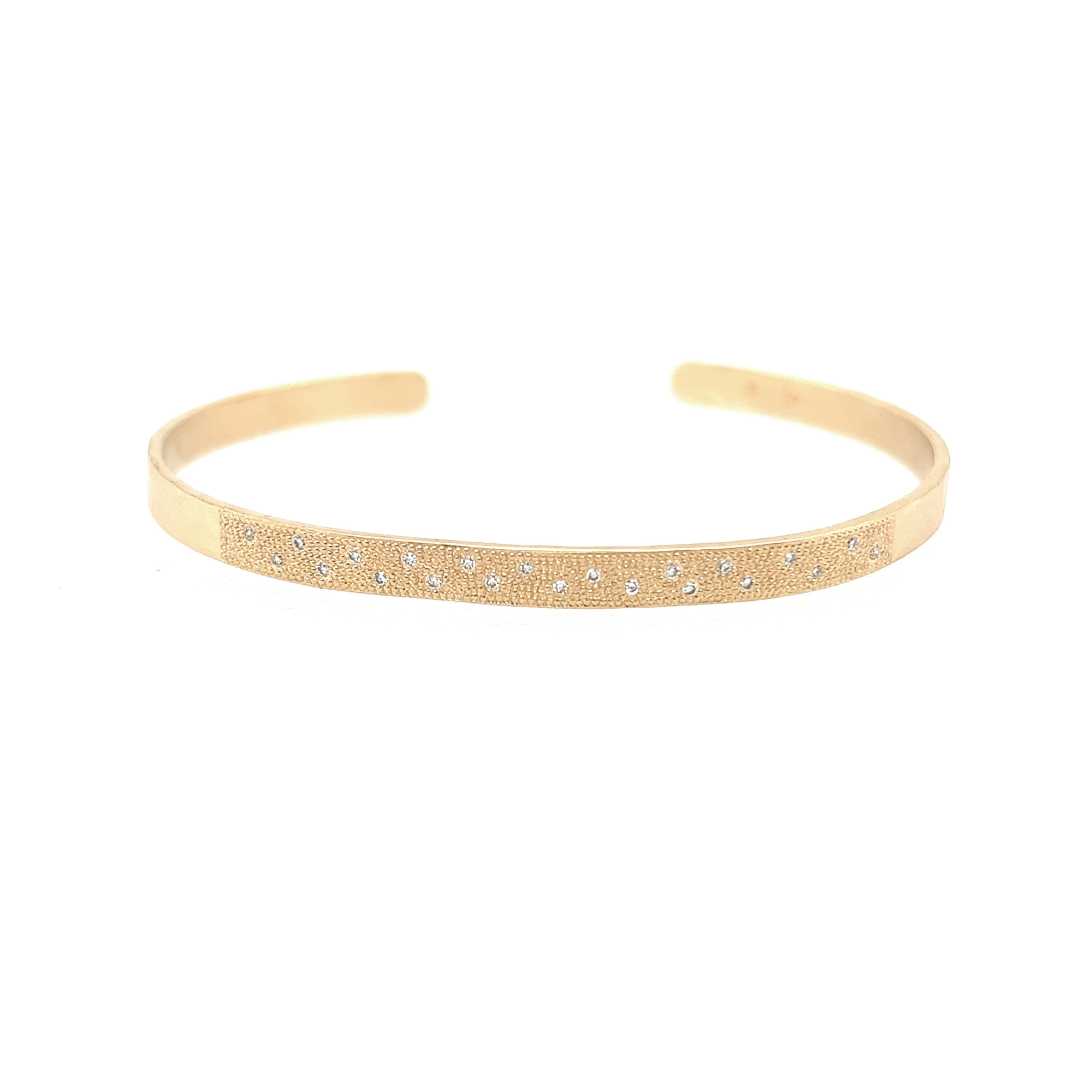 14k yellow gold hammered cuff bracelet with beaded texture and scattered white diamonds on white background