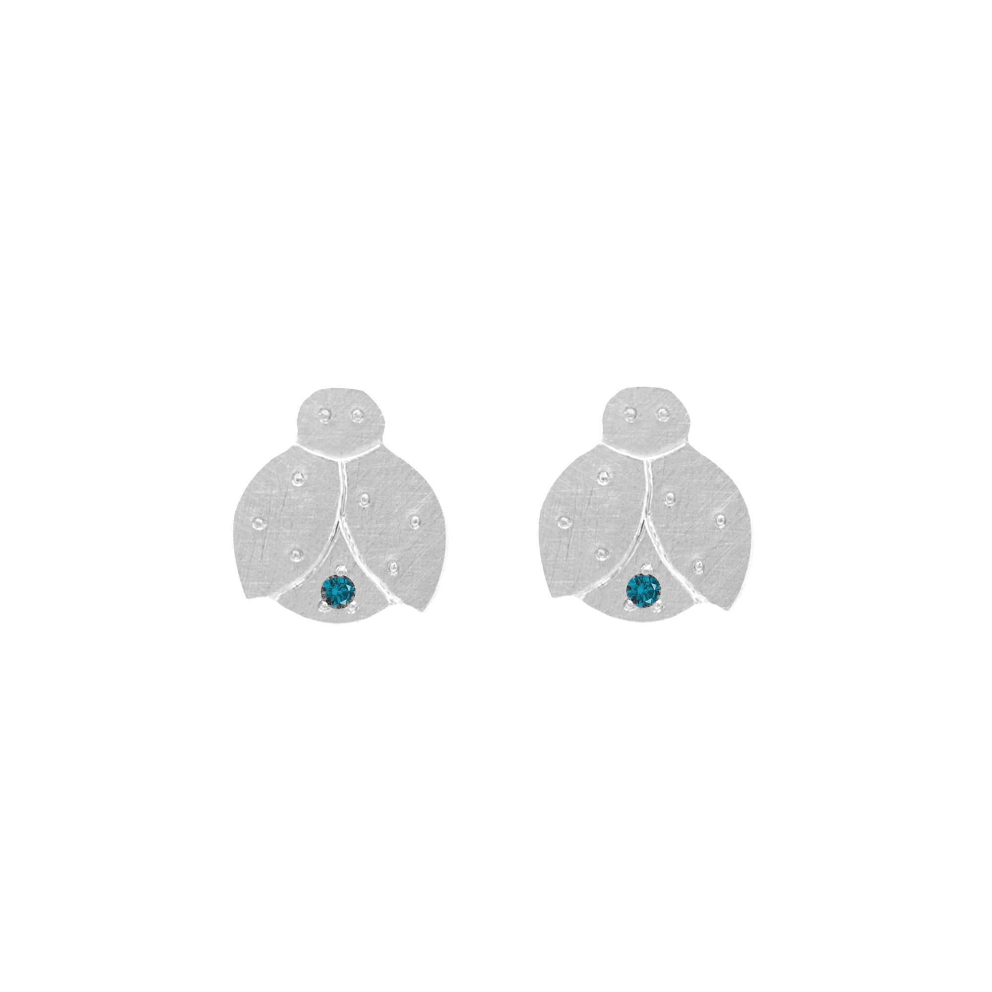 14k white gold teeny tiny ladybug earrings with teal diamonds on white background