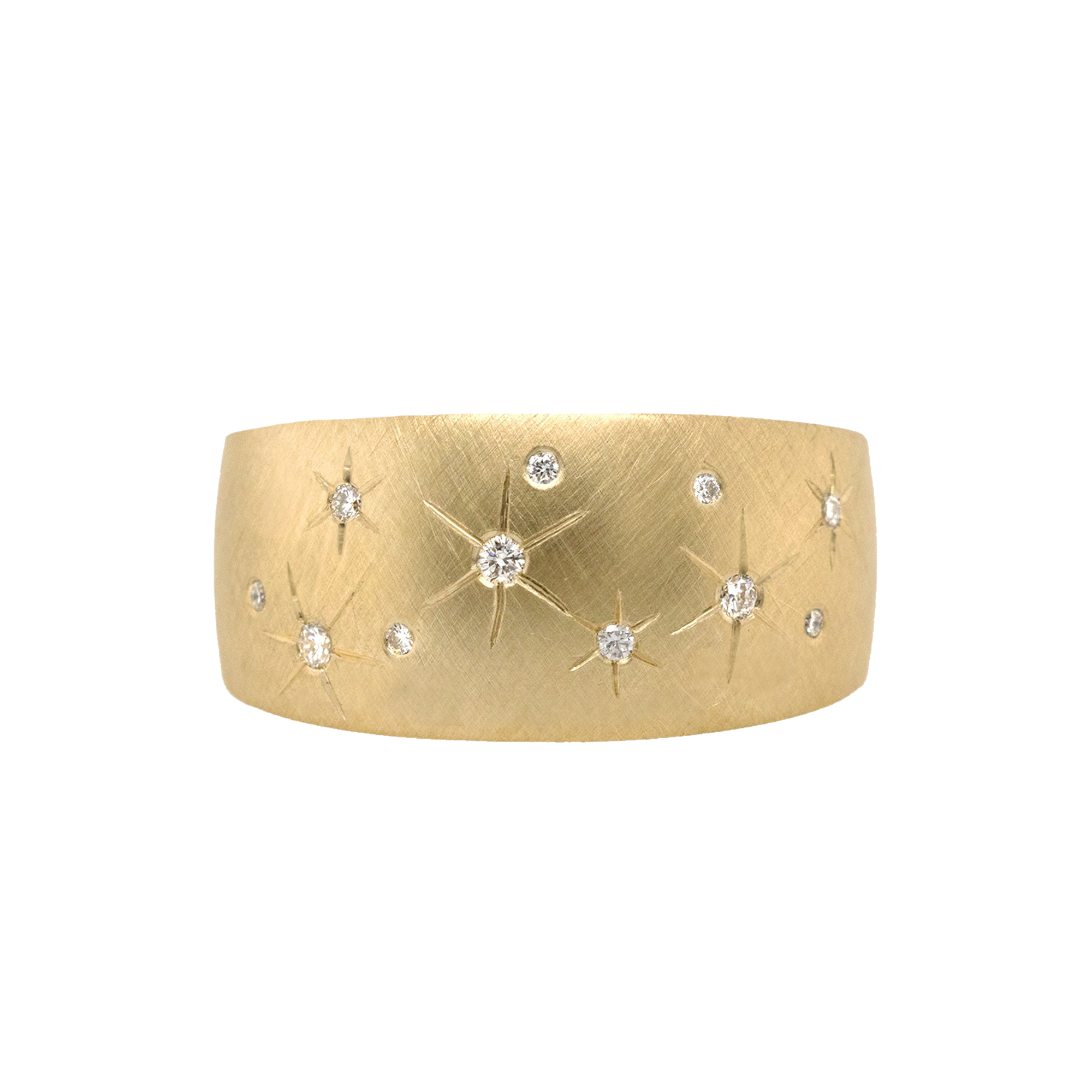 14k gold puffed wide band ring with scattered engraved diamond star on white background