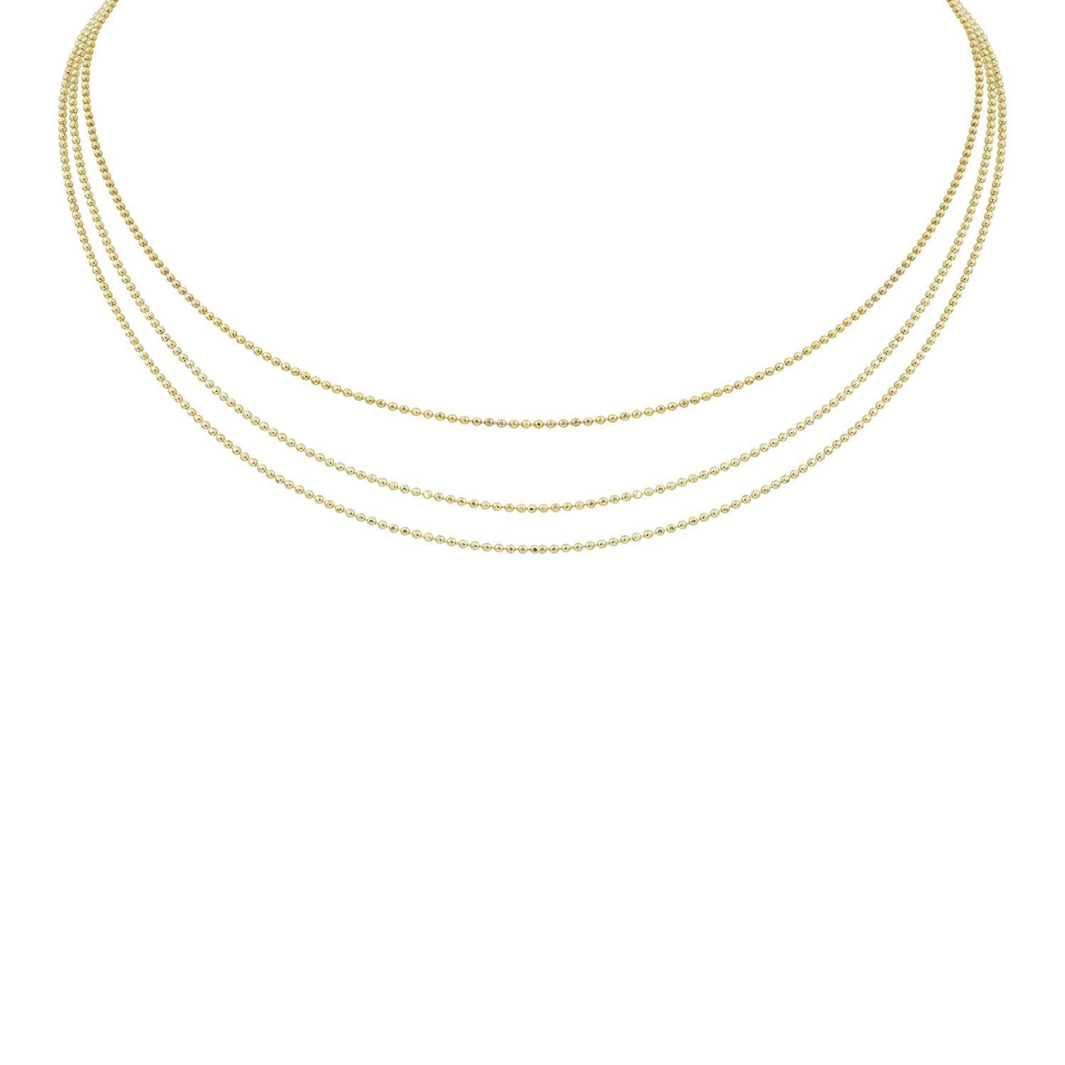 14k yellow gold three tier diamond cut ball chain necklace dainty choker length layering chain