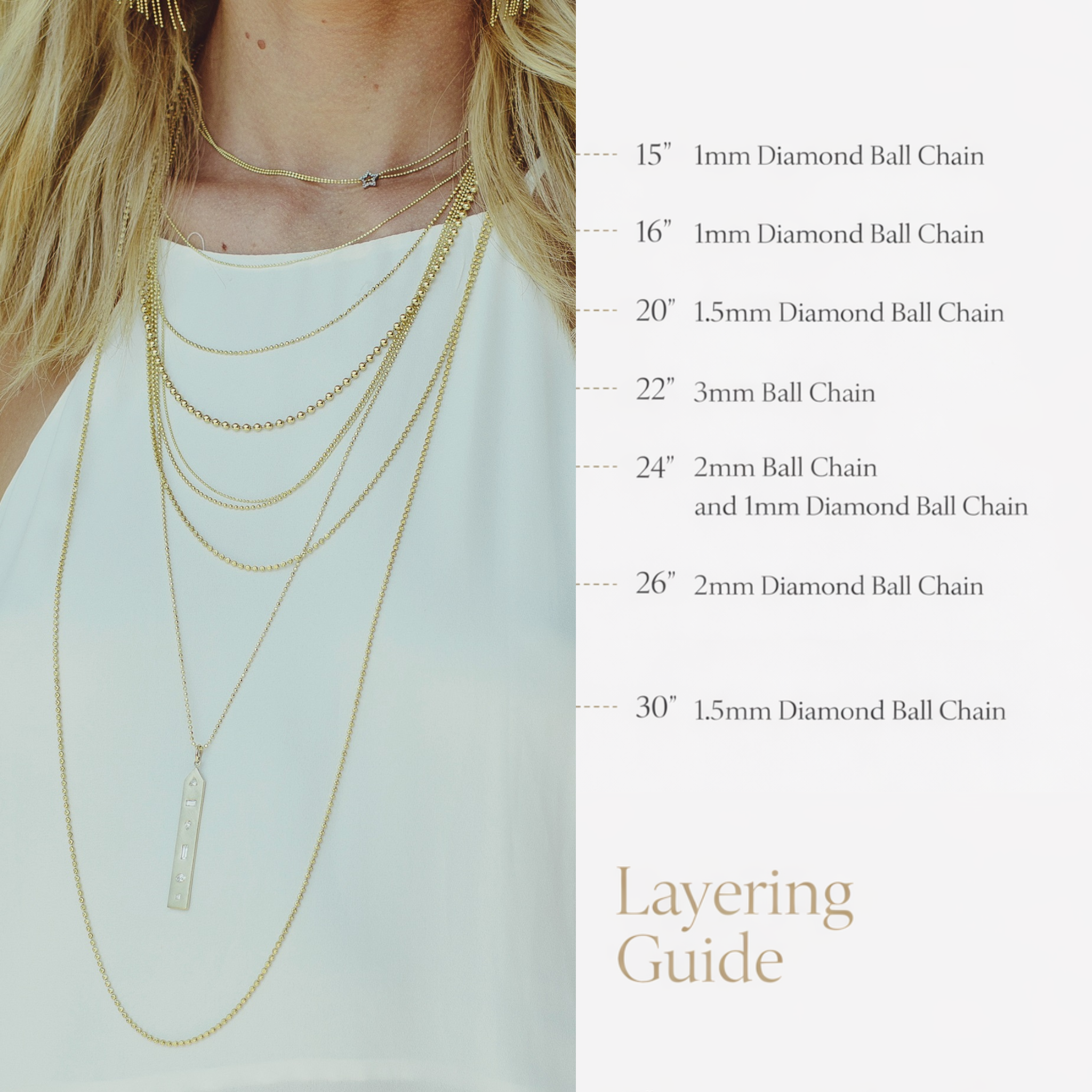 Lifestyle shot of woman in white wearing layered gold necklaces of different lengths and diameter with measurement details on a plain background