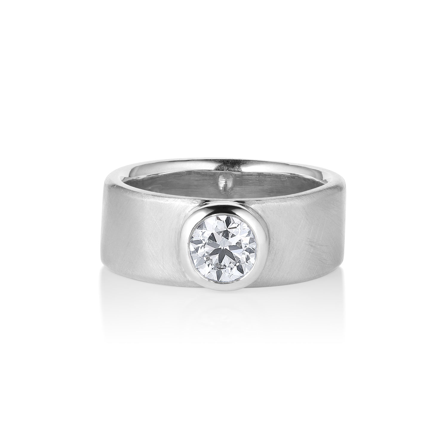 14k white gold wide band diamond ring with bezel set round diamond, contemporary unisex wedding band by Julez Bryant