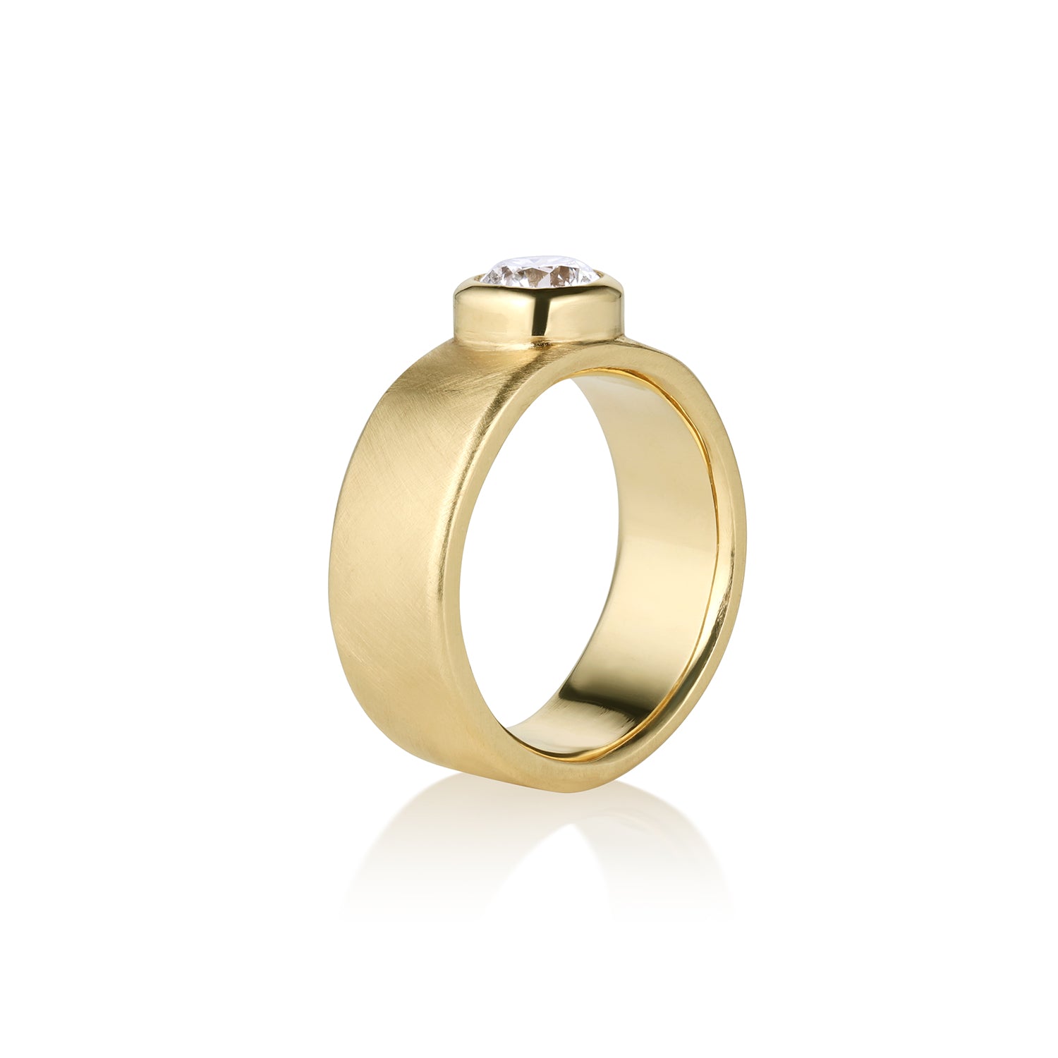 Side view of 14k yellow gold wide band ring with bezel set round brilliant cut diamond, bold modern wedding band by Julez Bryant