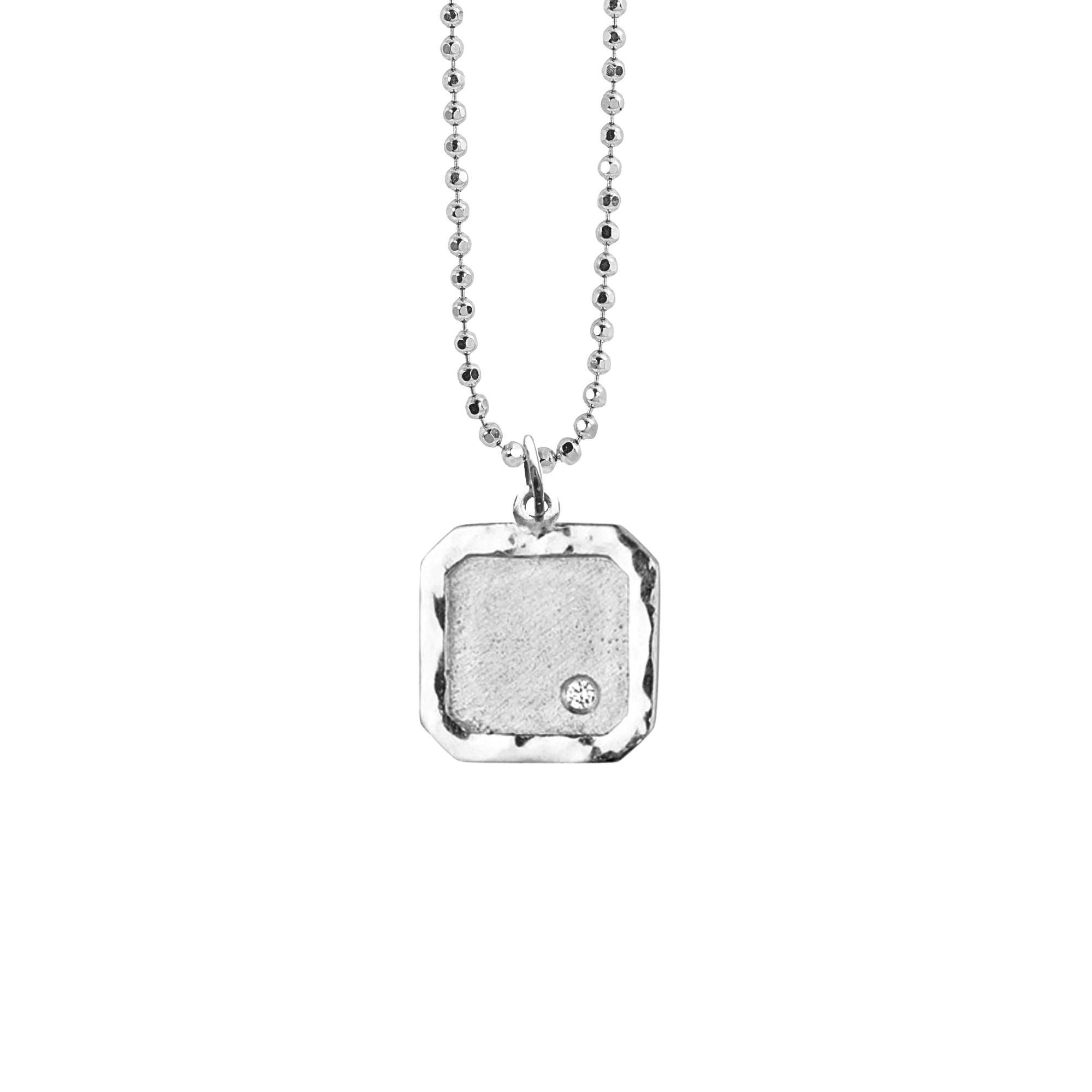 14k white Gold square pendant with an offset white diamond on a diamond cut ball chain on a white background