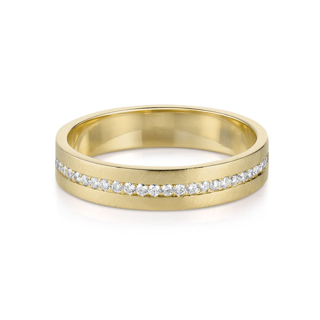 Gold eternity ring with embedded diamonds surrounding band on a white background