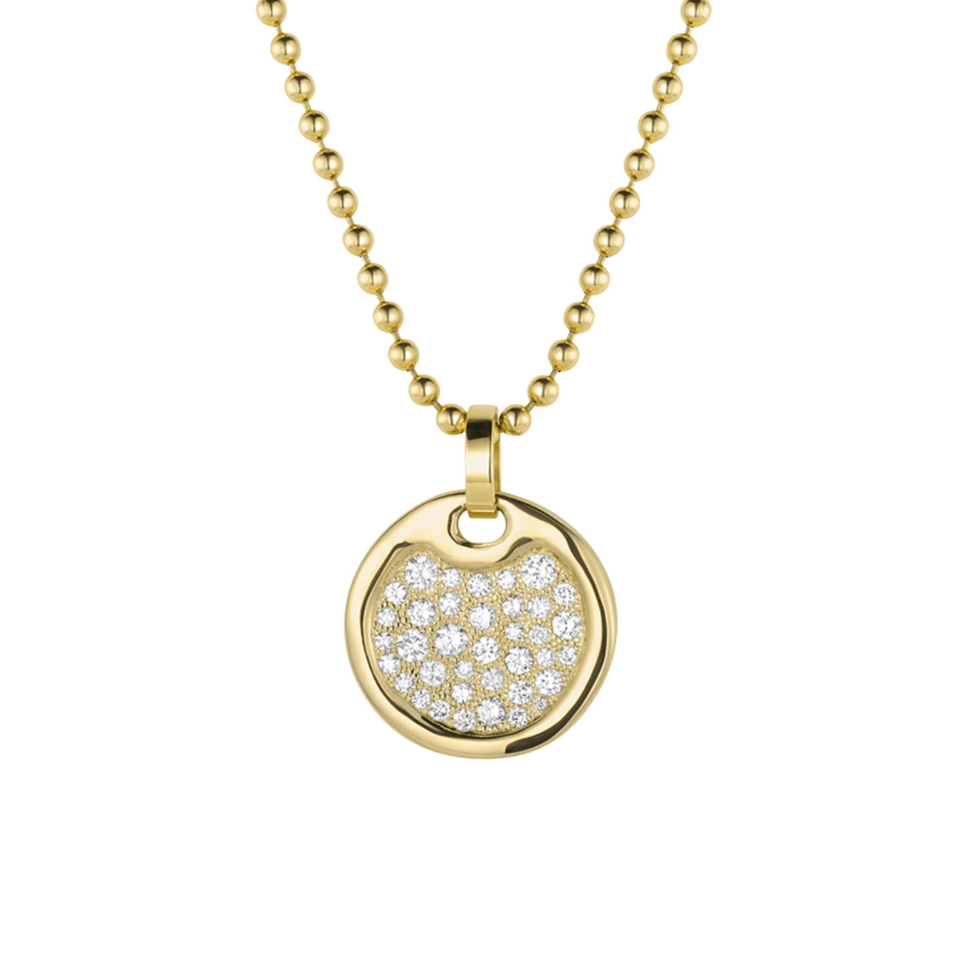 14k Yellow Gold necklace with a polished round pendant featuring bead set diamonds on a white background