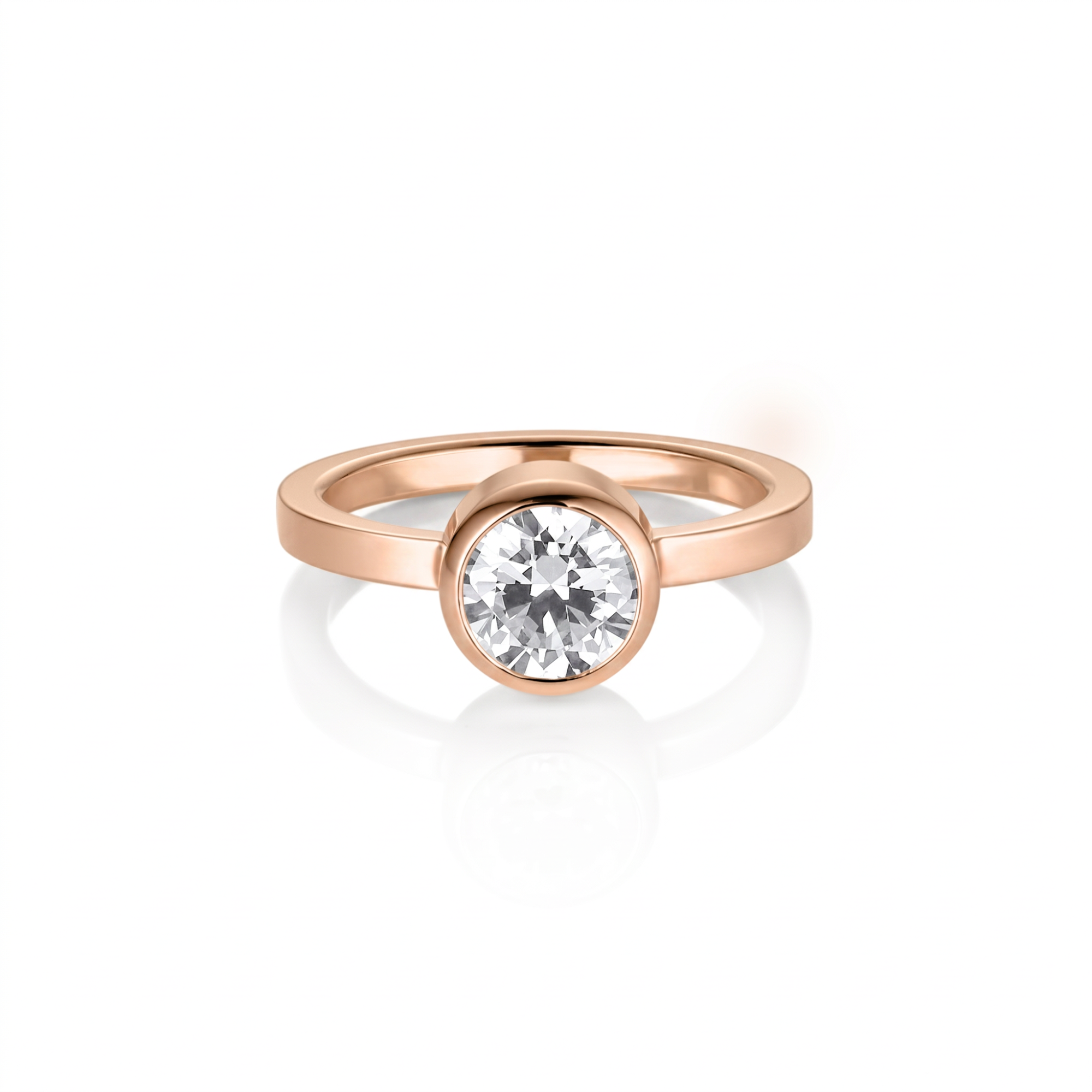 Diamond bezel solitaire engagement ring with square band in 14k rose gold, front view on a white background