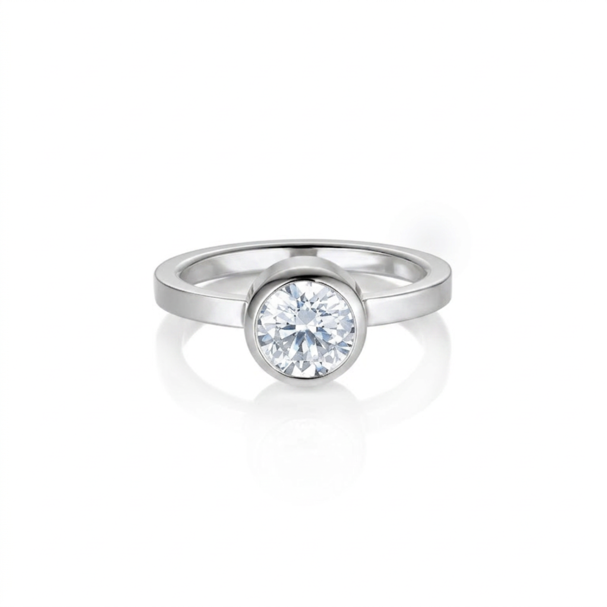 Diamond bezel solitaire engagement ring with square band in 14k white gold, front view on a white background