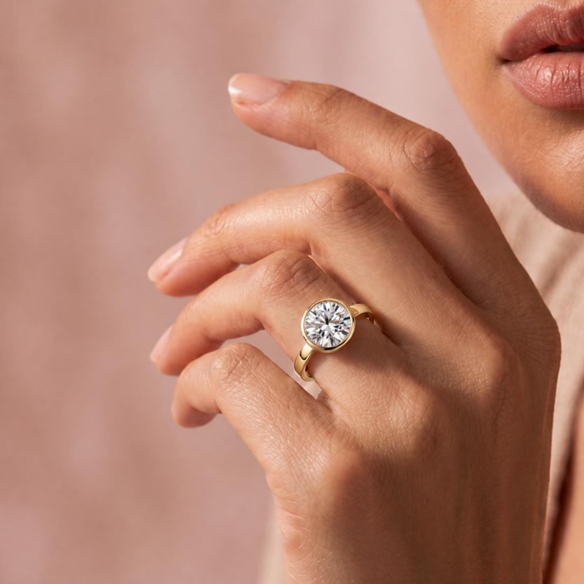 Diamond bezel solitaire engagement ring with square band in 14k yellow gold, lifestyle shot worn on a model's hand