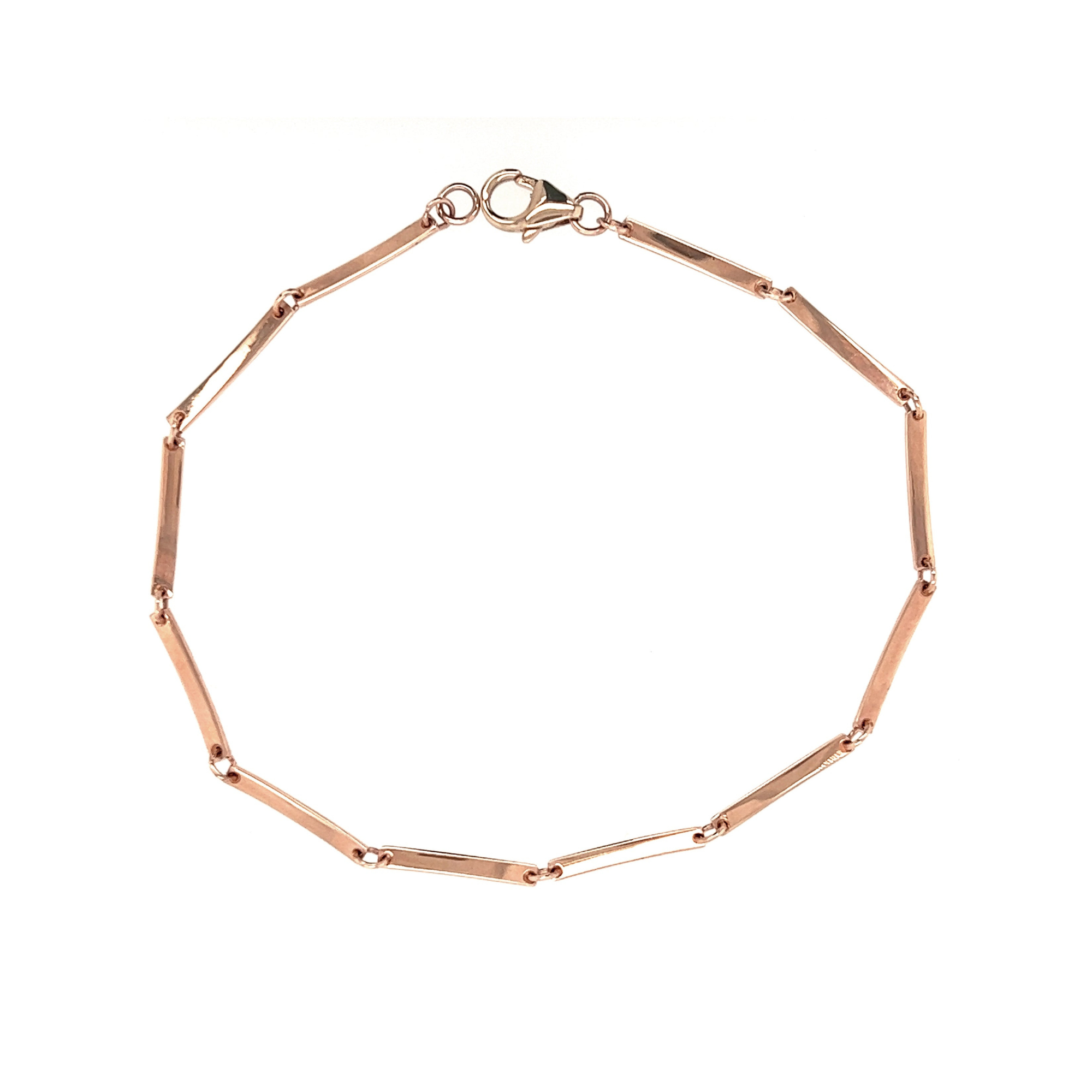 14k rose gold flat bar link bracelet on white background