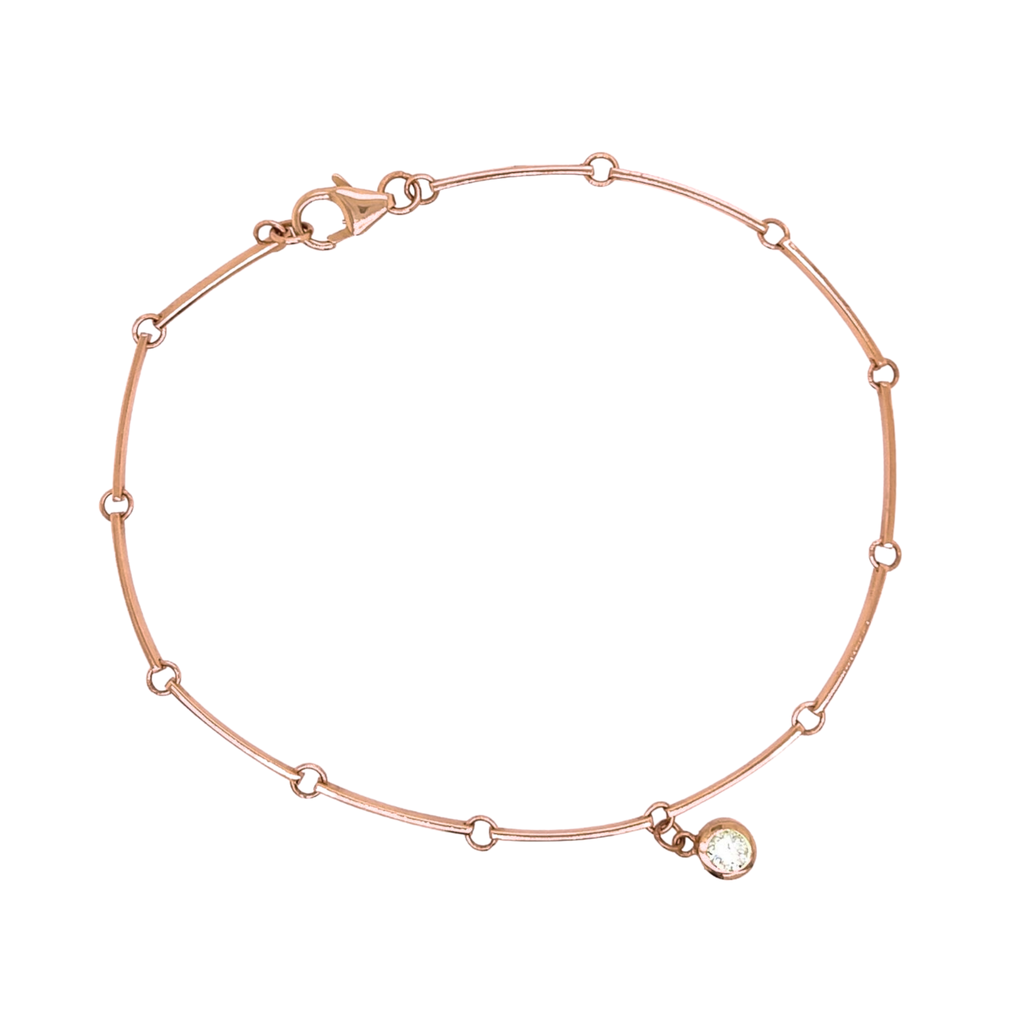 14k rose gold flat bar link bracelet with bezel set white diamond charm on white background