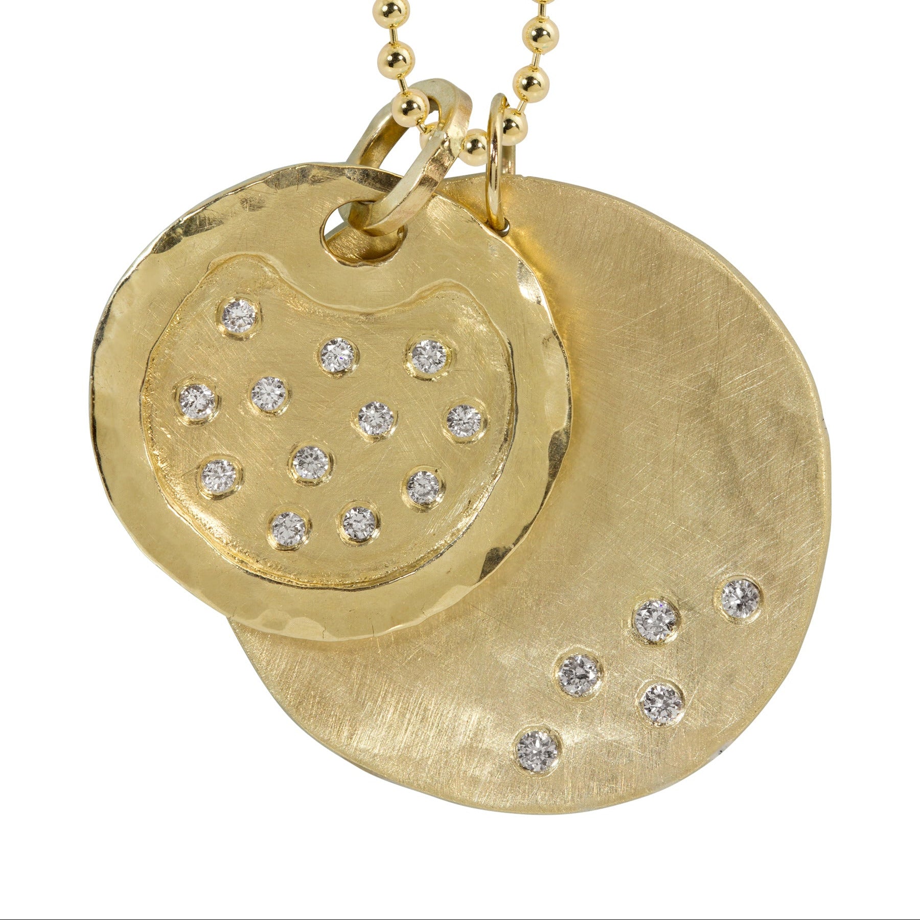 Gold necklace with two 14k yellow gold medallion and disk pendants with white diamond accents round pendants on a white background