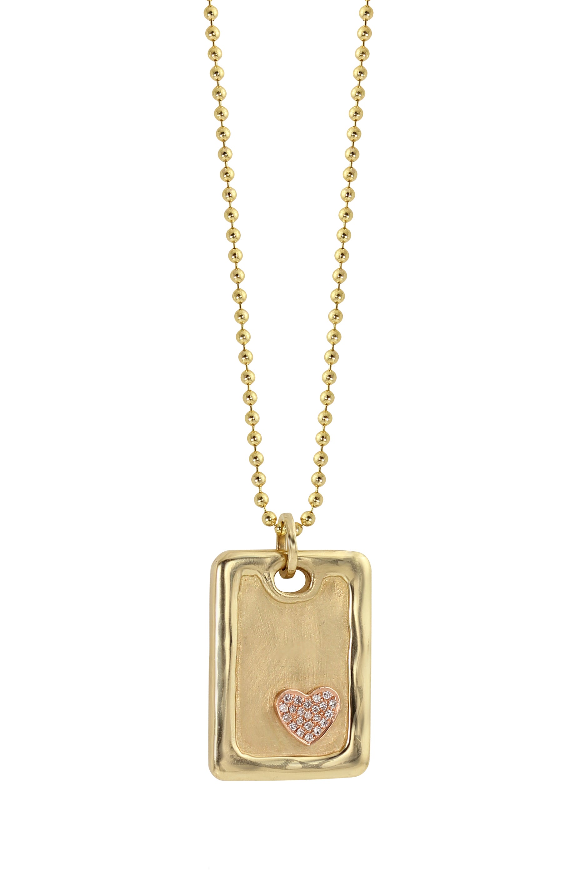 14k yellow Gold rectangular pendant featuring an accent rose gold heart with white diamonds on ball chain on a white background