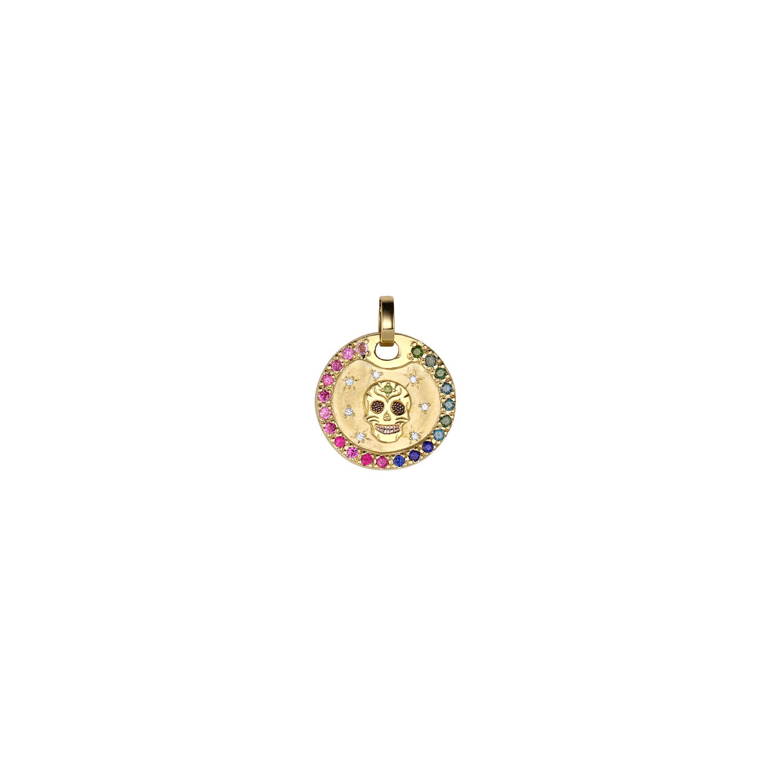 Gold necklace with a colorful pendant featuring a skull design and rainbow gradient sapphire border. White diamond starburs accents. Shown on a white background