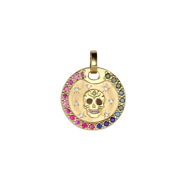 Gold necklace with a colorful pendant featuring a skull design and rainbow gradient sapphire border. White diamond starburs accents. Shown on a white background