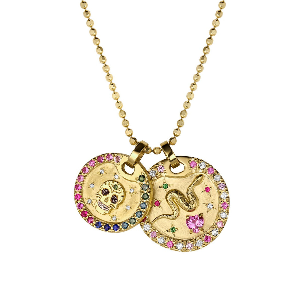 Gold double pendant necklace with colorful gemstones and white diamonds featuring a skull and snake design andsapphire border. White diamond starburst accents. Shown on thick diamond cut ballchain on a white background.