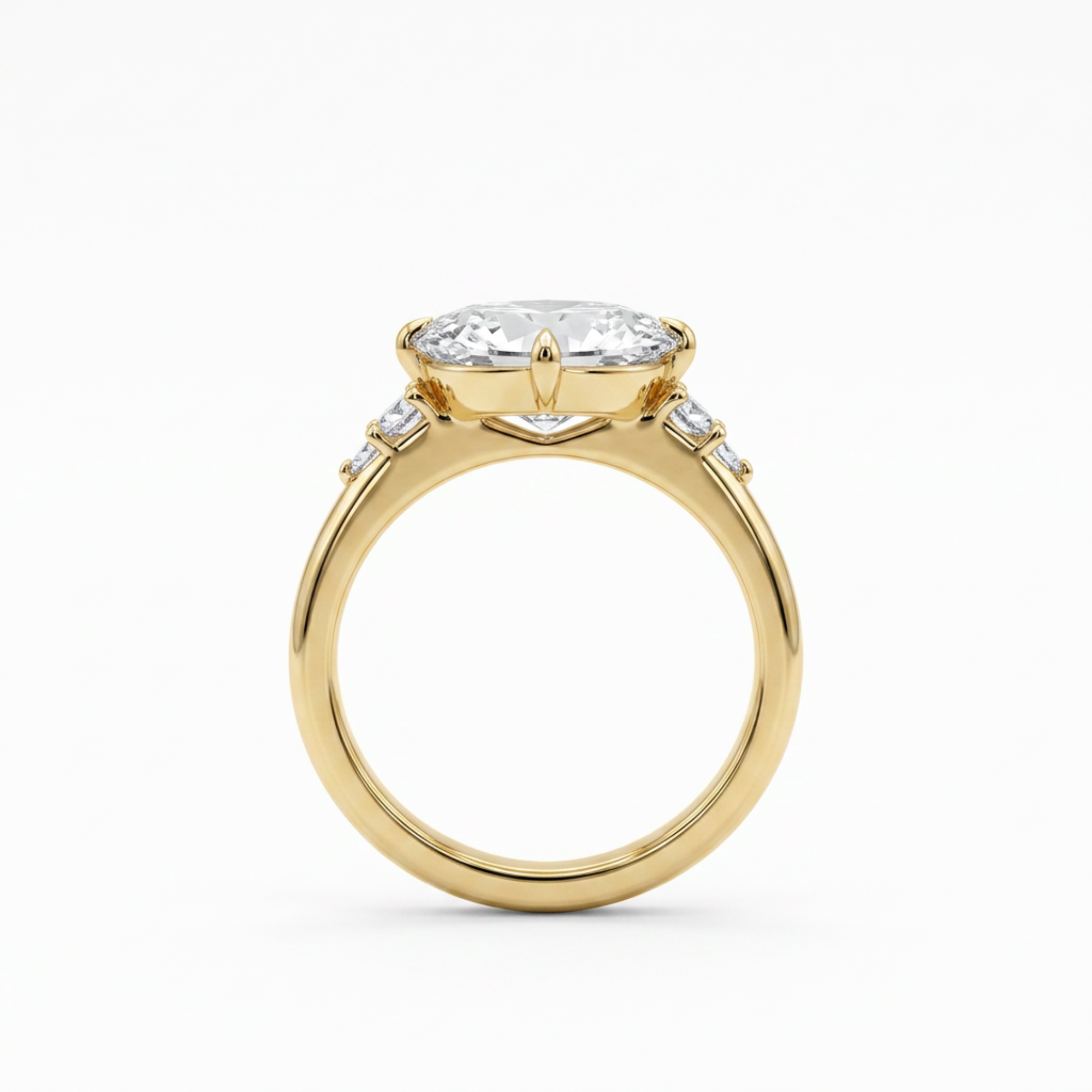 Profile view of five stone large oval east west set white diamond with round accents either side 14k gold engagement ring on white background
