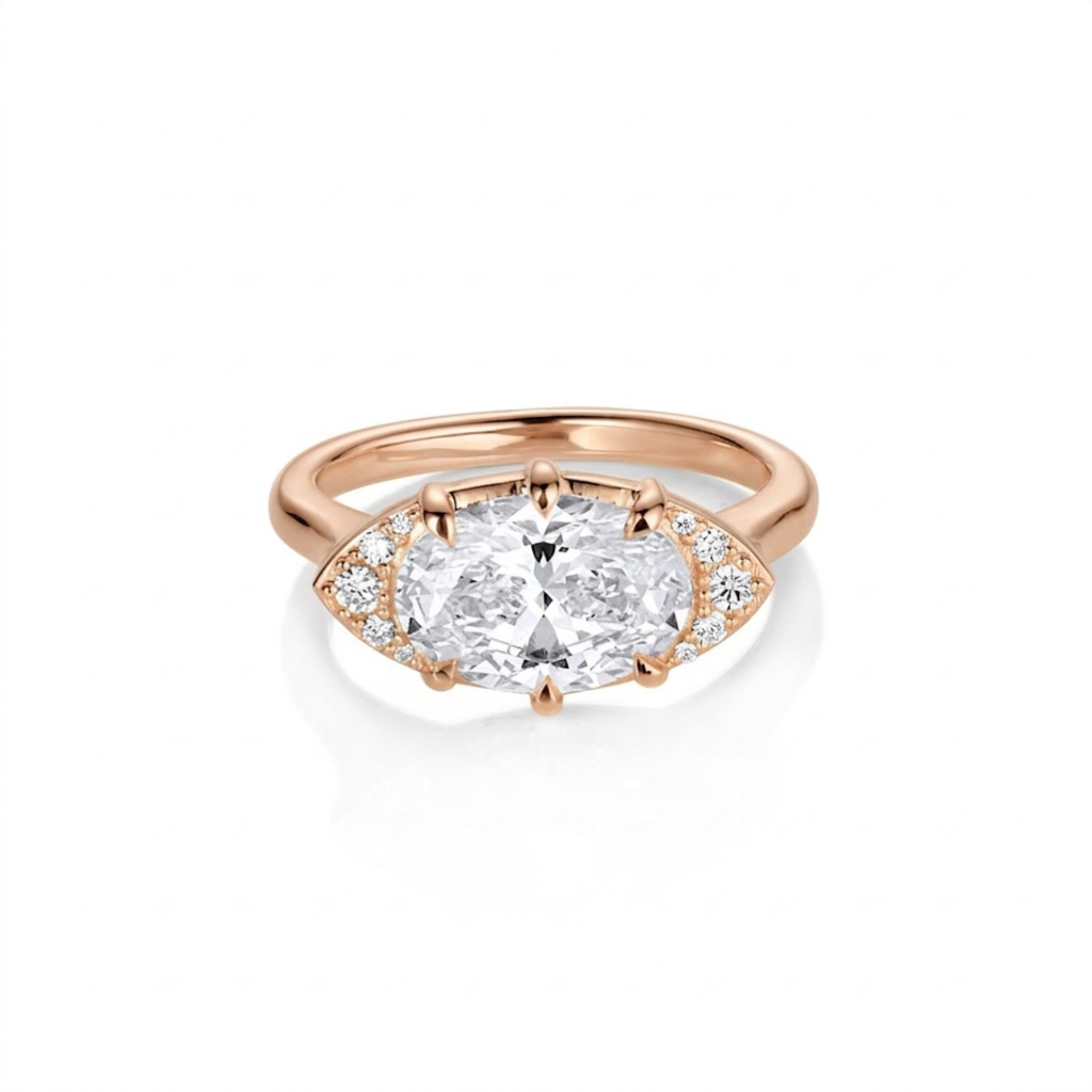 East-west oval white diamond cat eye half halo engagement ring in 14k rose gold, front view on a white background