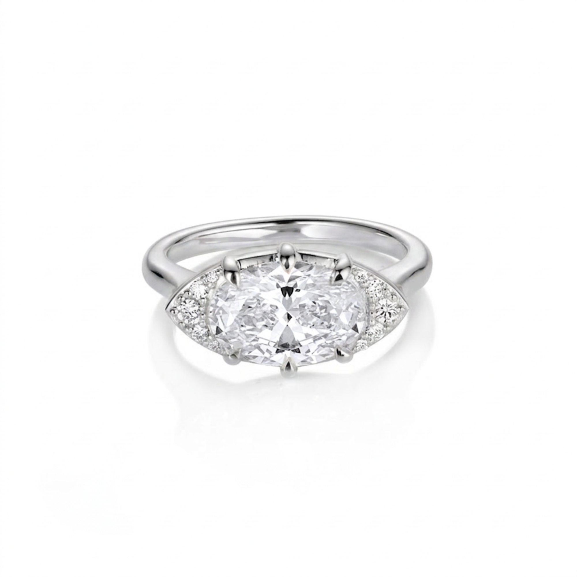 East-west oval white diamond cat eye half halo engagement ring in 14k white gold, front view on a white background