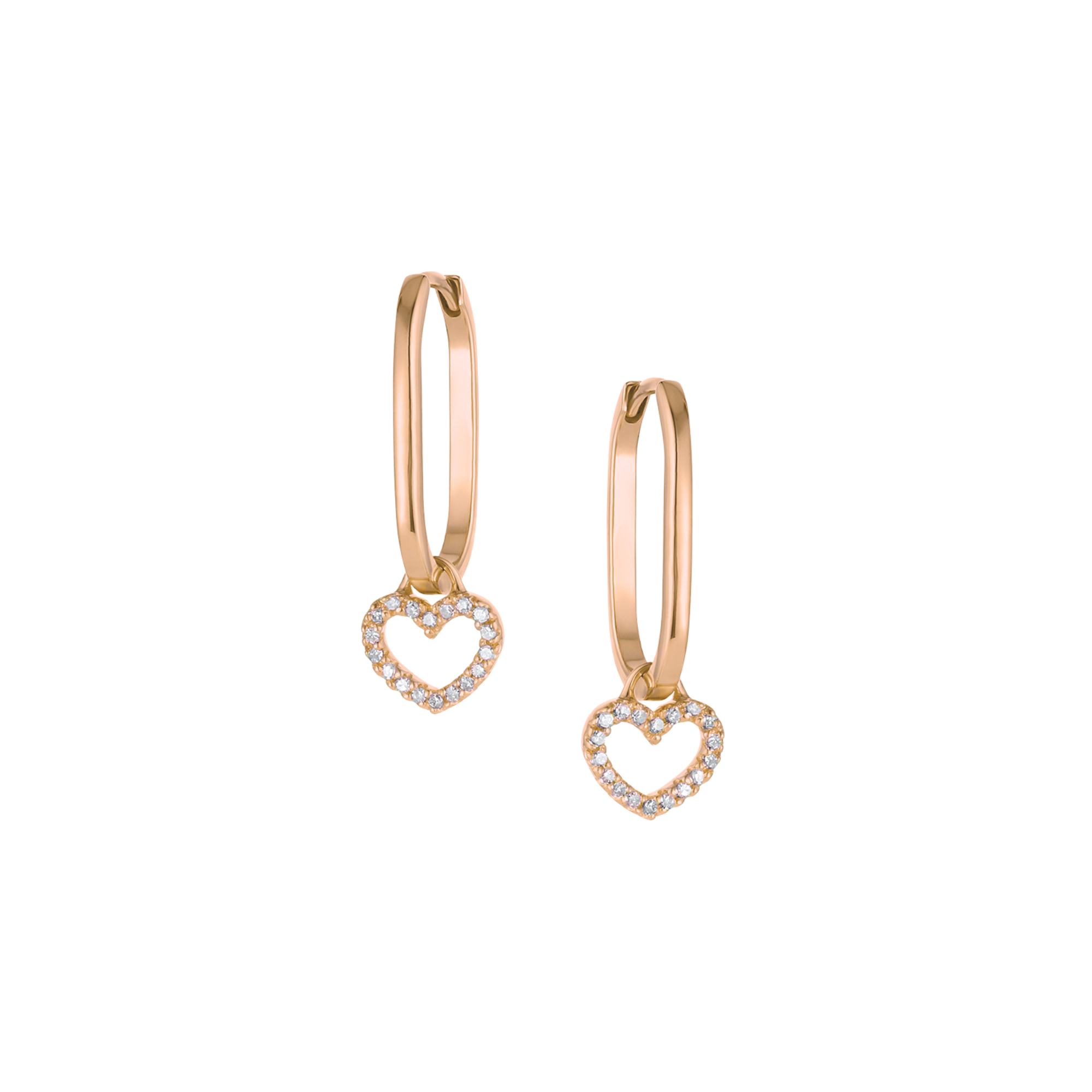 14k rose gold hinged oval hoop earrings with pave set white diamond heart charms on white background