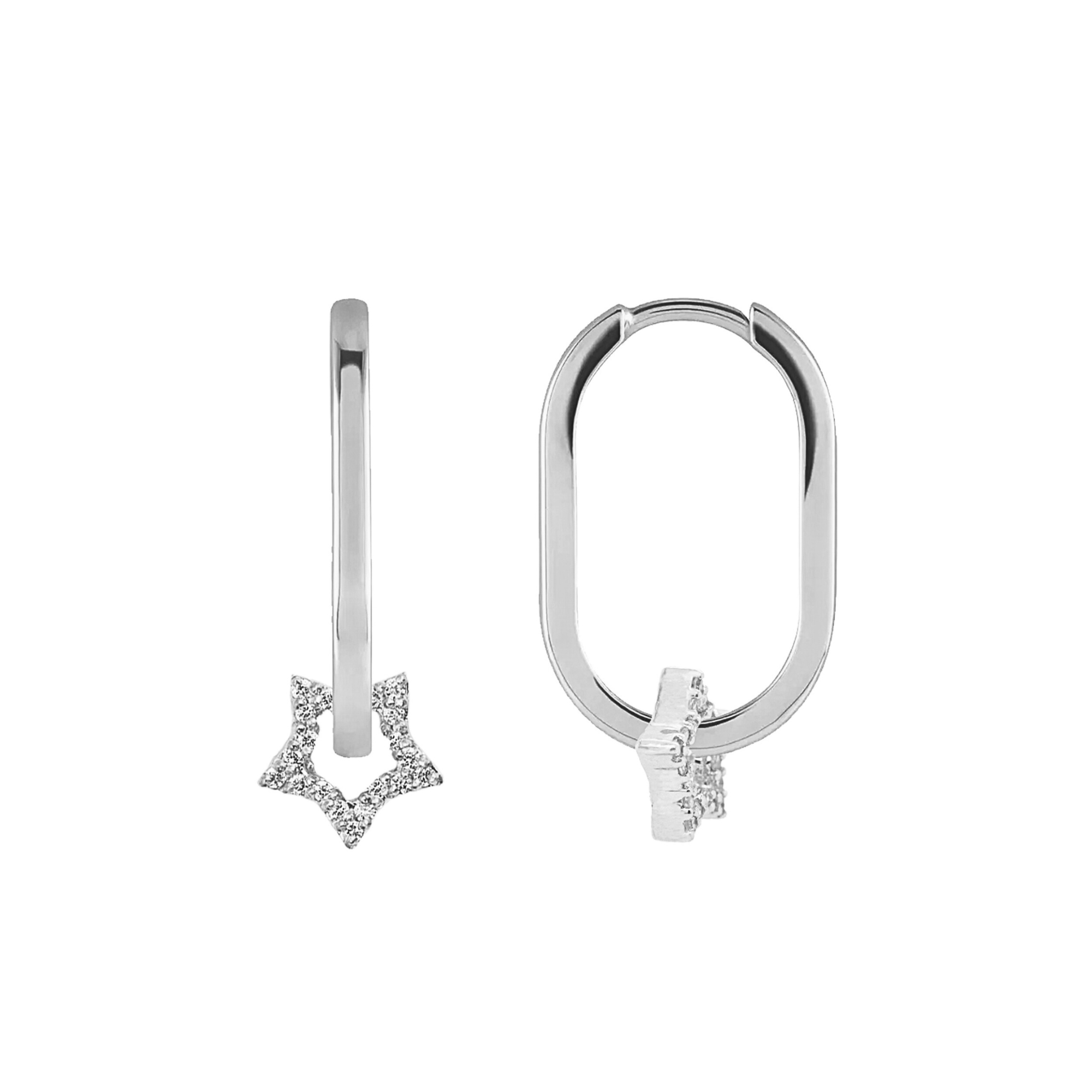 14k white gold oval hinged hoop earring with pave set white diamond star charms on white background with side view