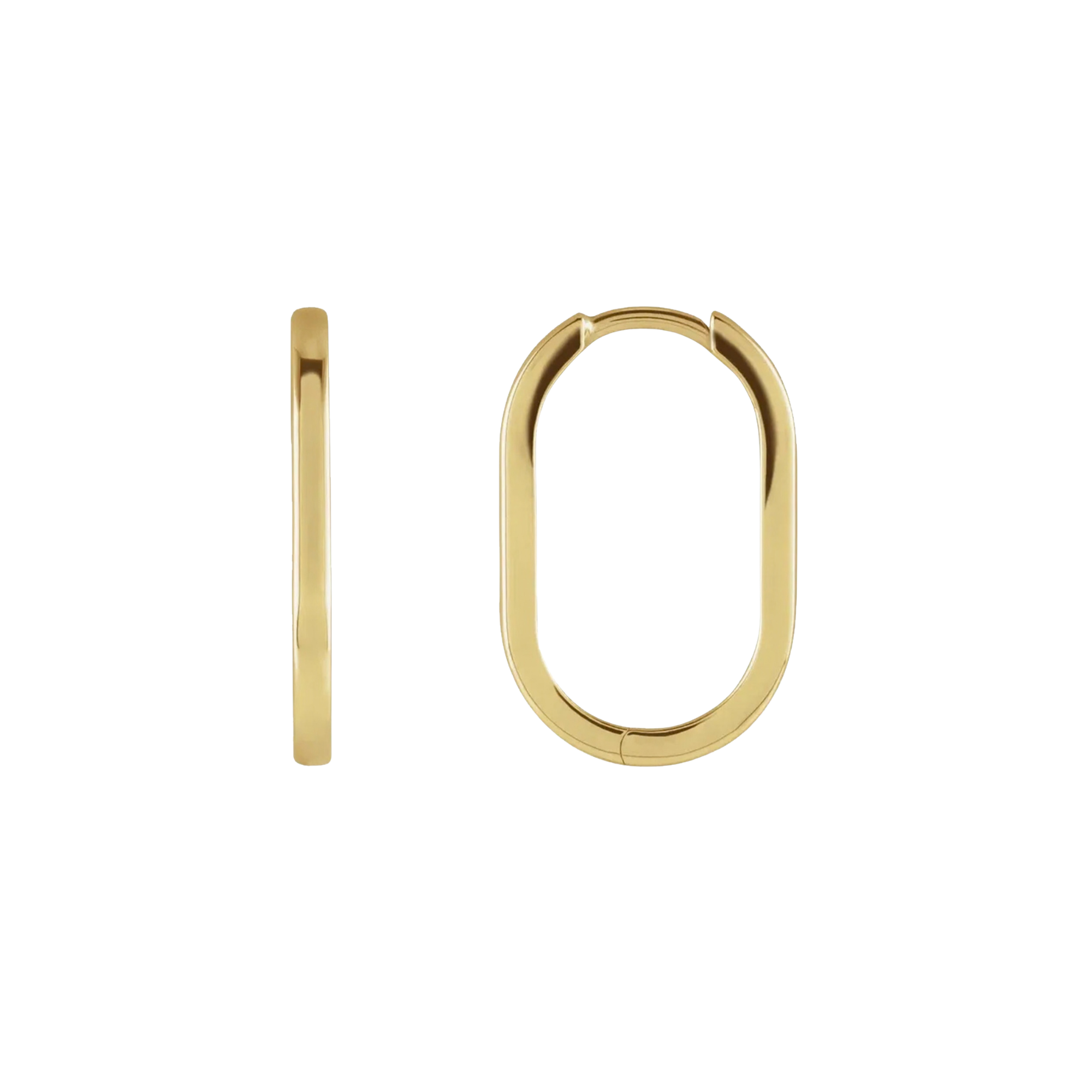 14k yellow gold oval hinged hoop earring on white background with side view