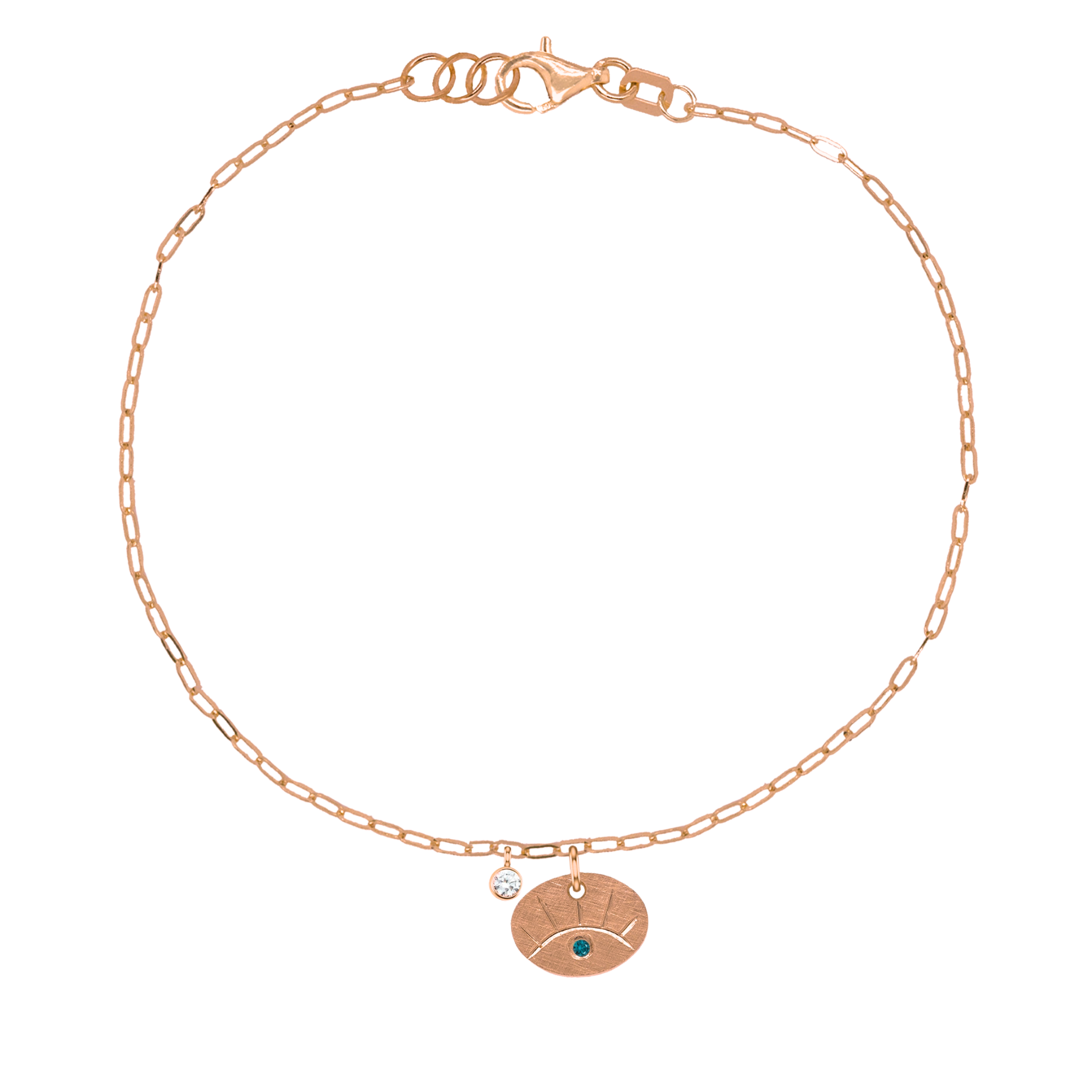 14k rose gold teeny tiny teal diamond eye charm bracelet with paperclip link chain and bezel set white diamond accent charm on white background
