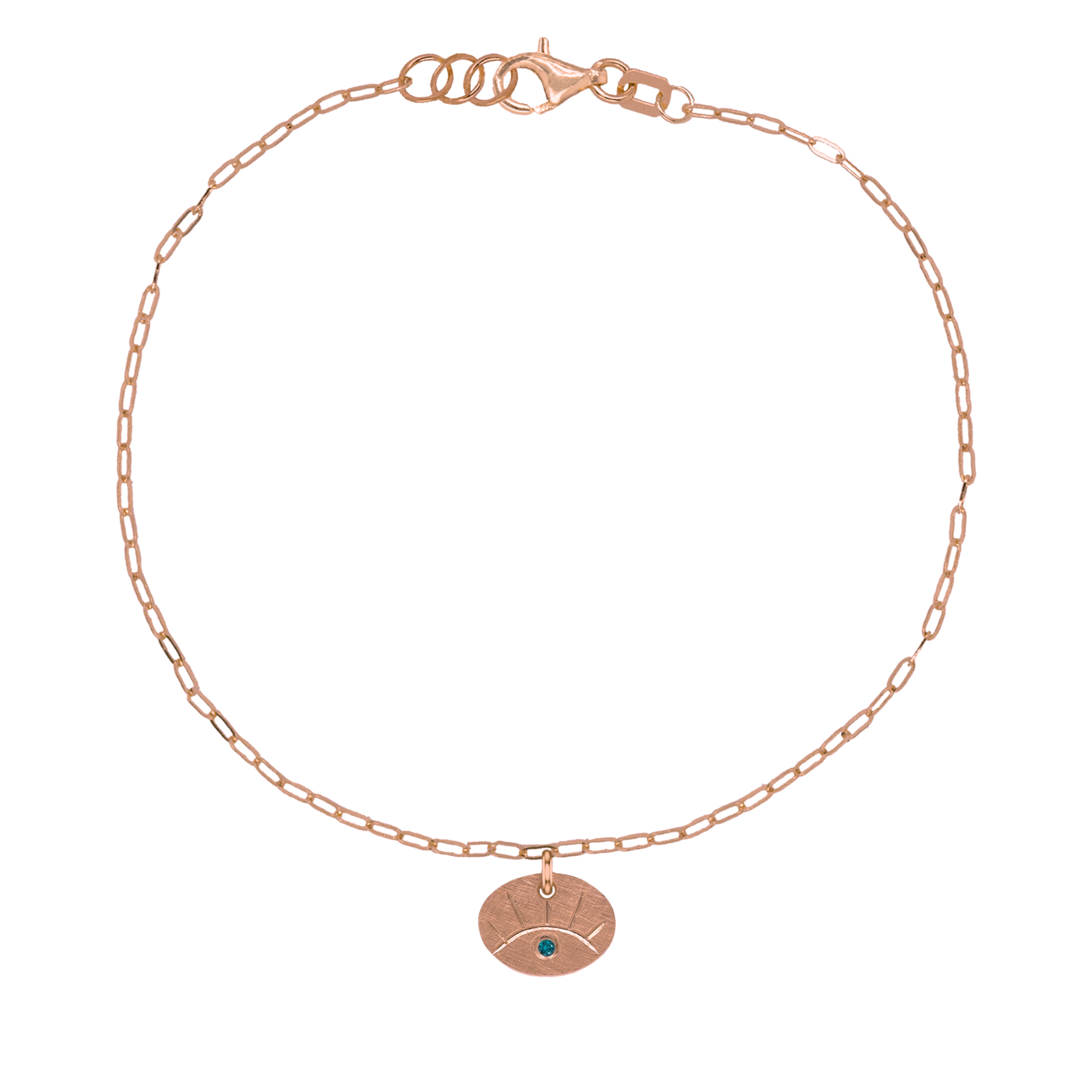 14k rose gold teeny tiny eye charm bracelet with paperclip link chain and teal diamond accent on white background