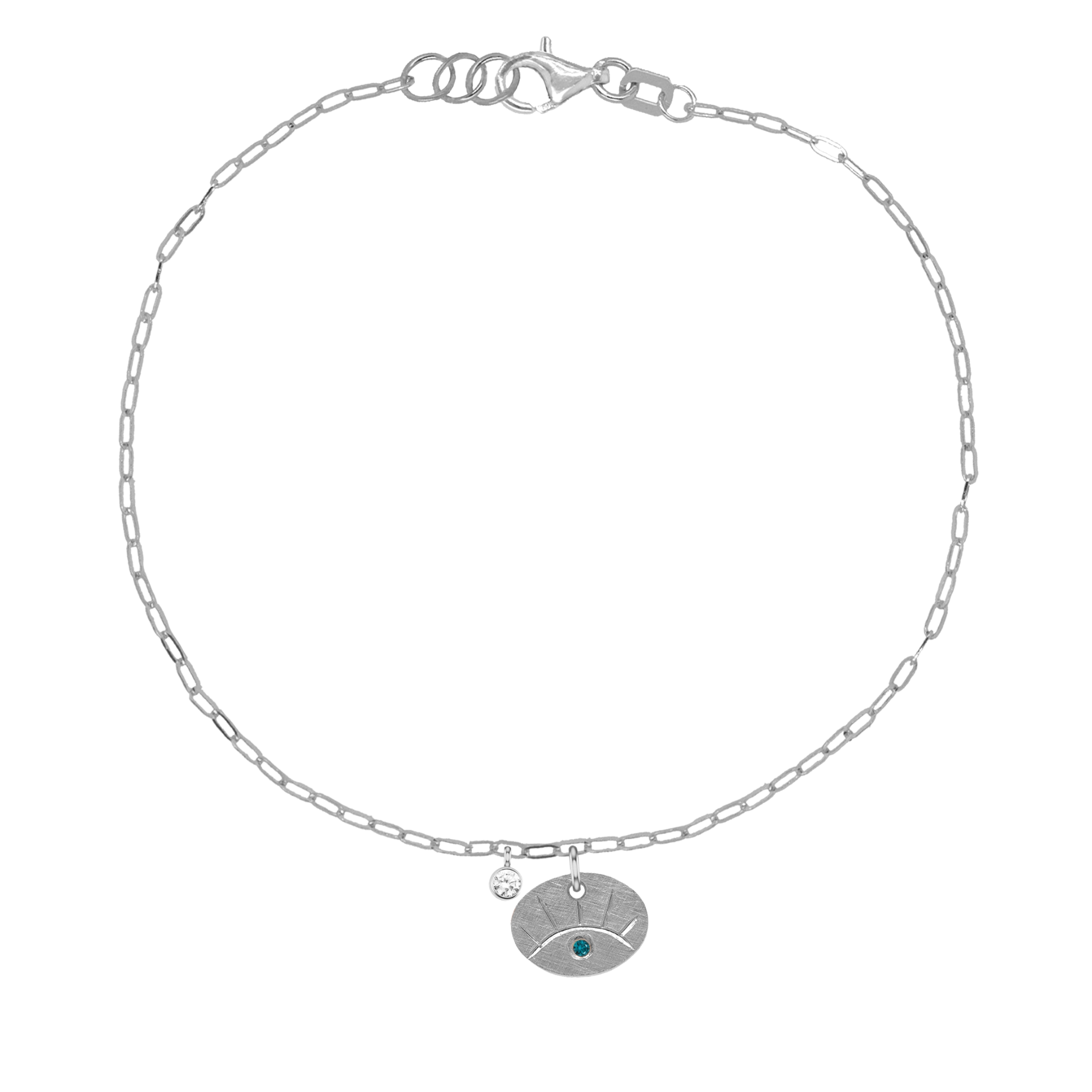 14k white gold teeny tiny teal diamond eye charm bracelet with paperclip link chain and bezel set white diamond accent charm on white background