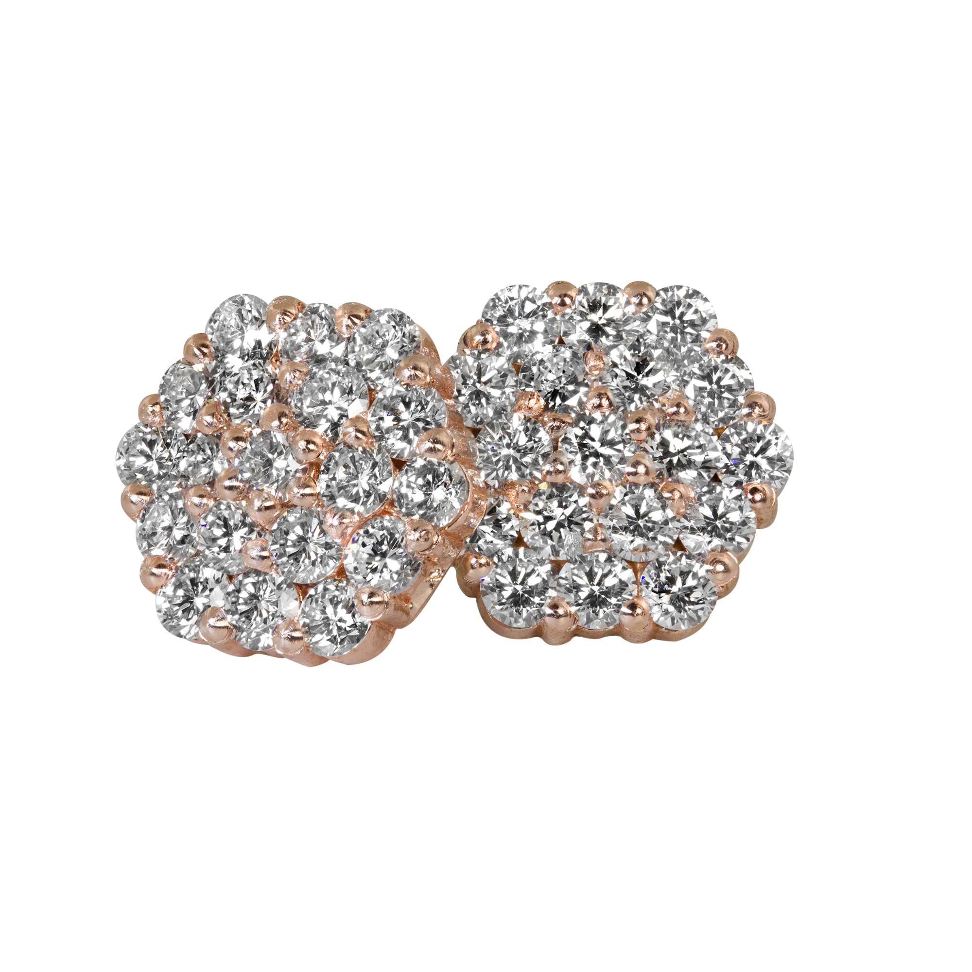 14k rose gold diamond hexagon cluster stud earrings on white background