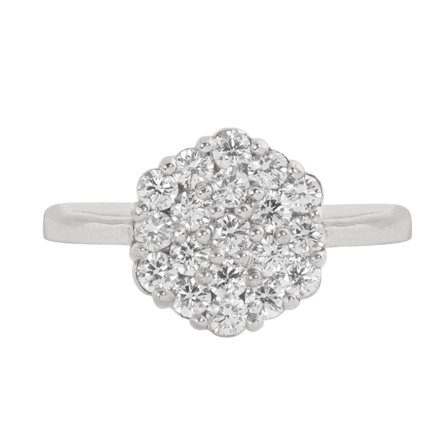 14k white gold 7 stone floral cluster ring with a narrow band, on a white background