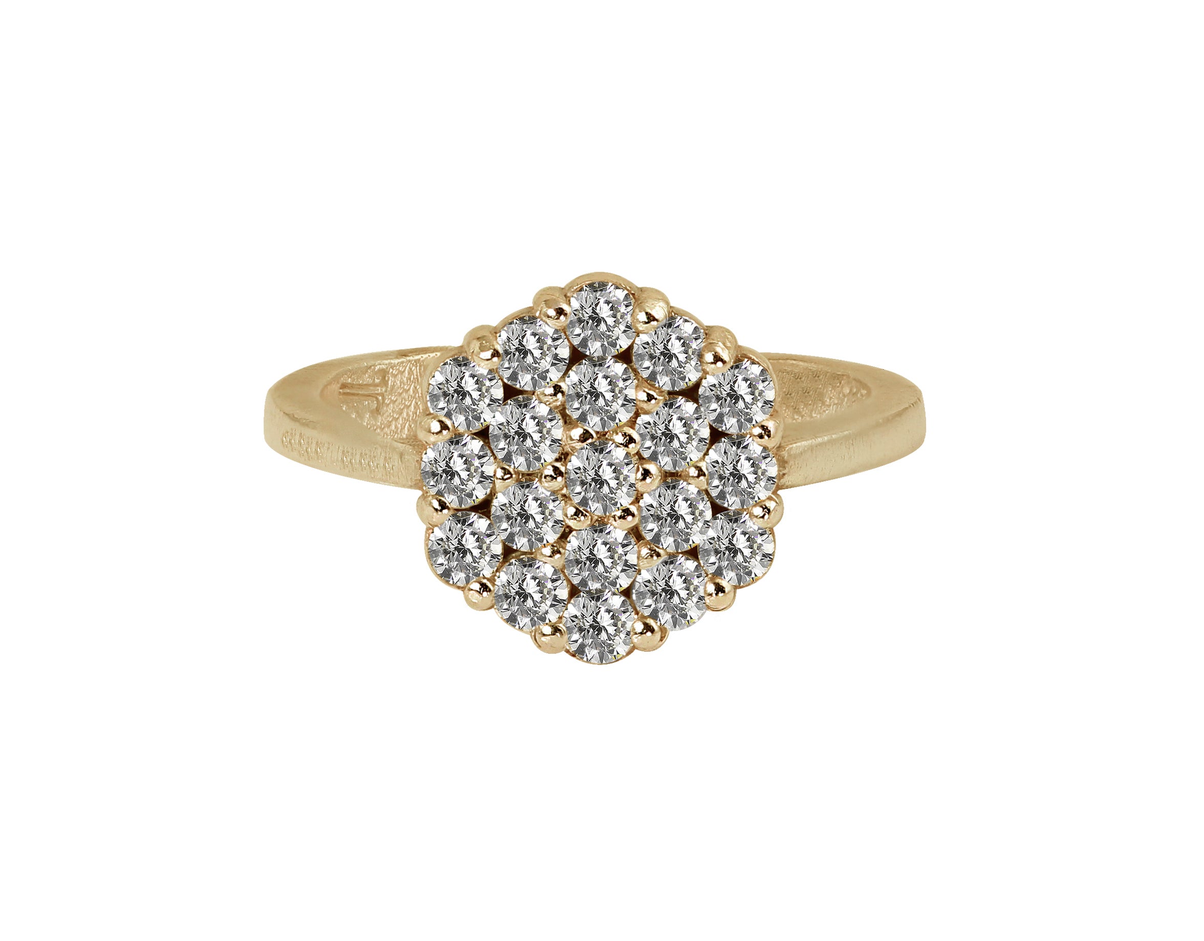 14k yellow gold 7 stone floral cluster ring with a narrow band, close up on a white background