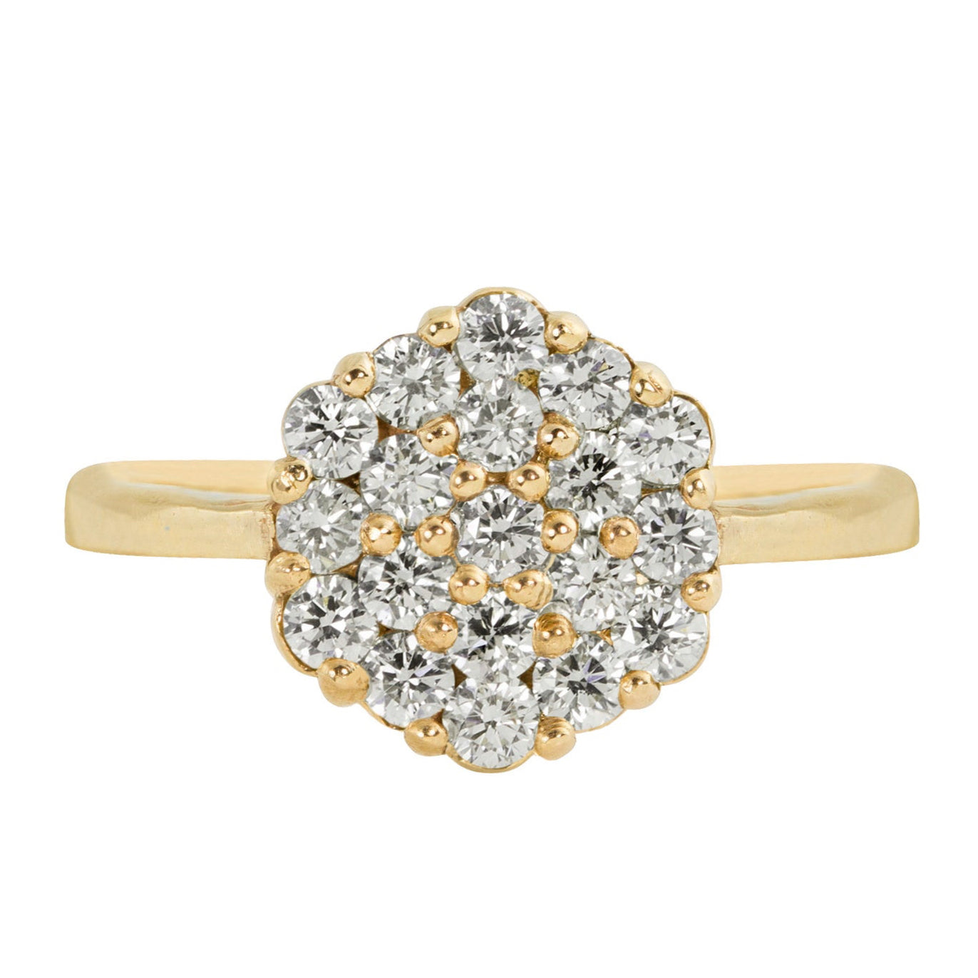 14k yellow gold 7 stone floral cluster ring with a narrow band, close up on a white background