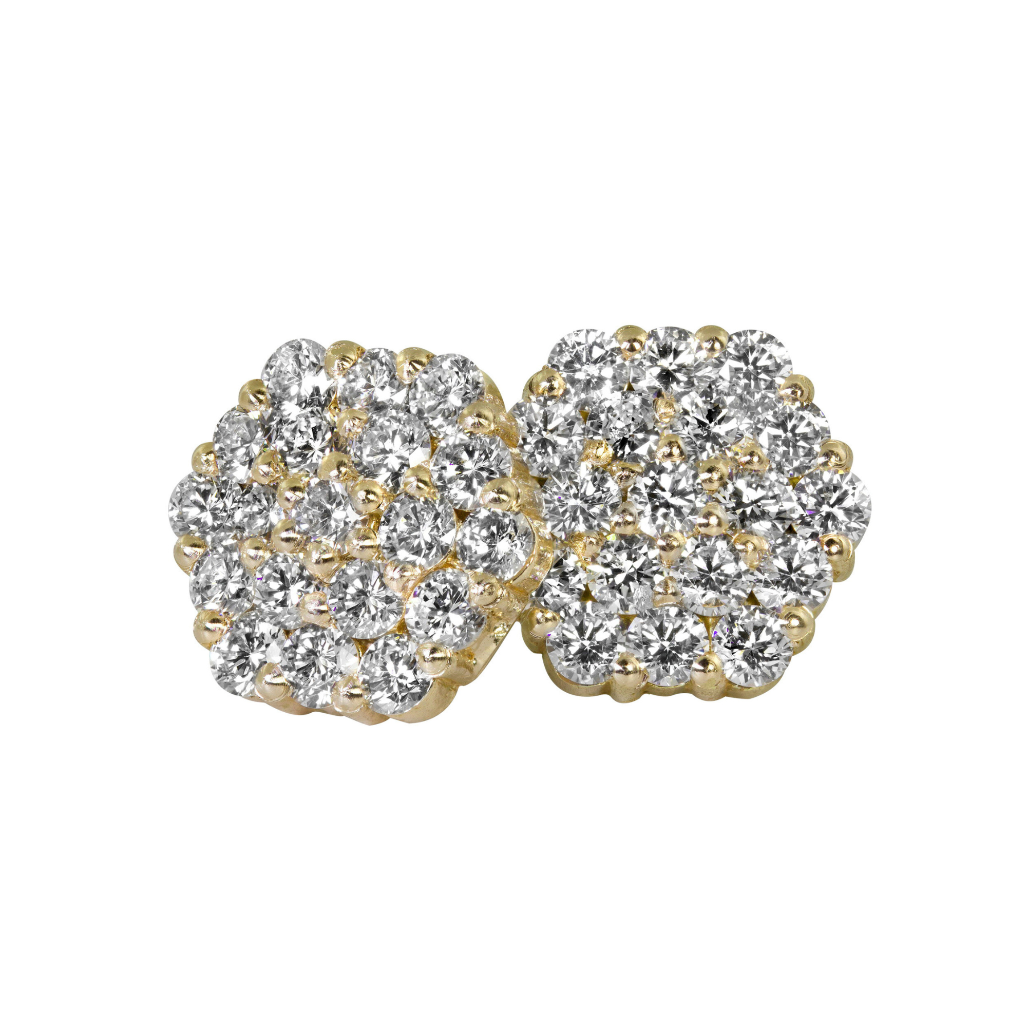 14k yellow gold diamond hexagon cluster stud earrings on white background