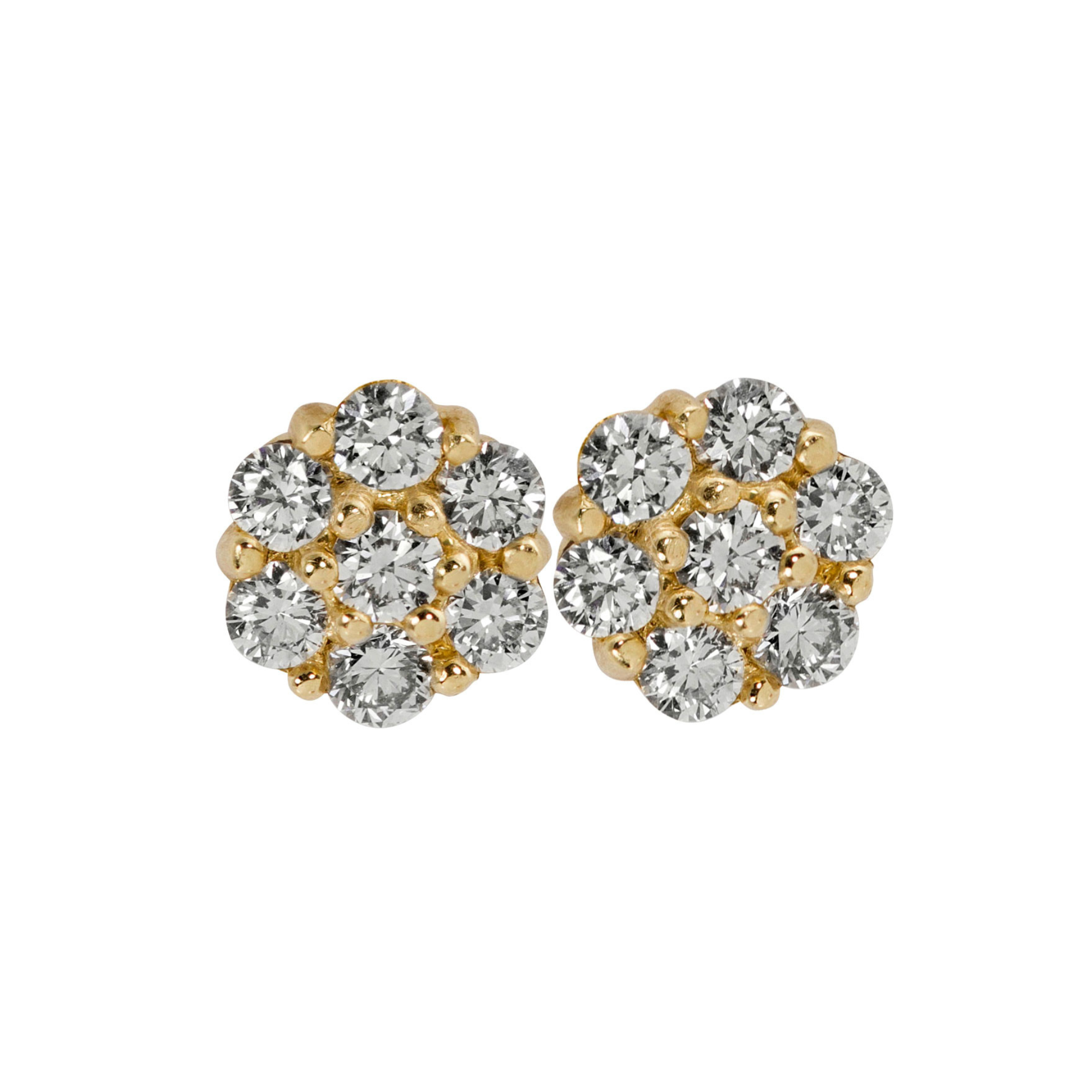 14k yellow gold diamond cluster stud earrings on white background