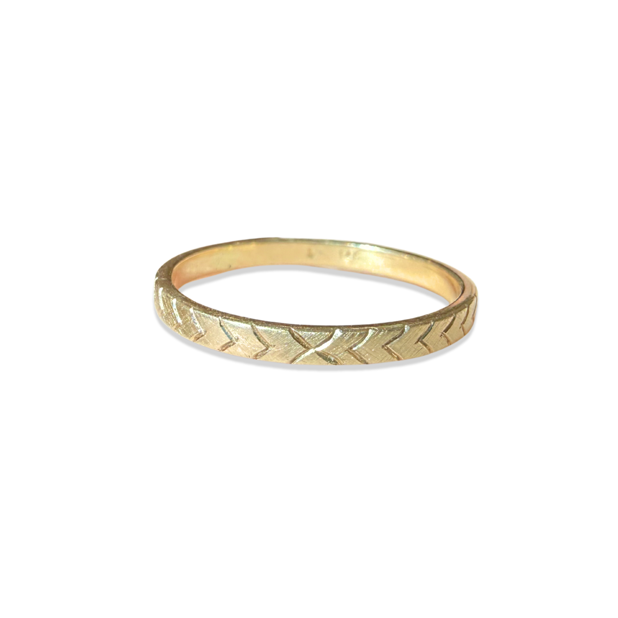 14k Yellow Gold Etched Satin Stacker Ring on White Background