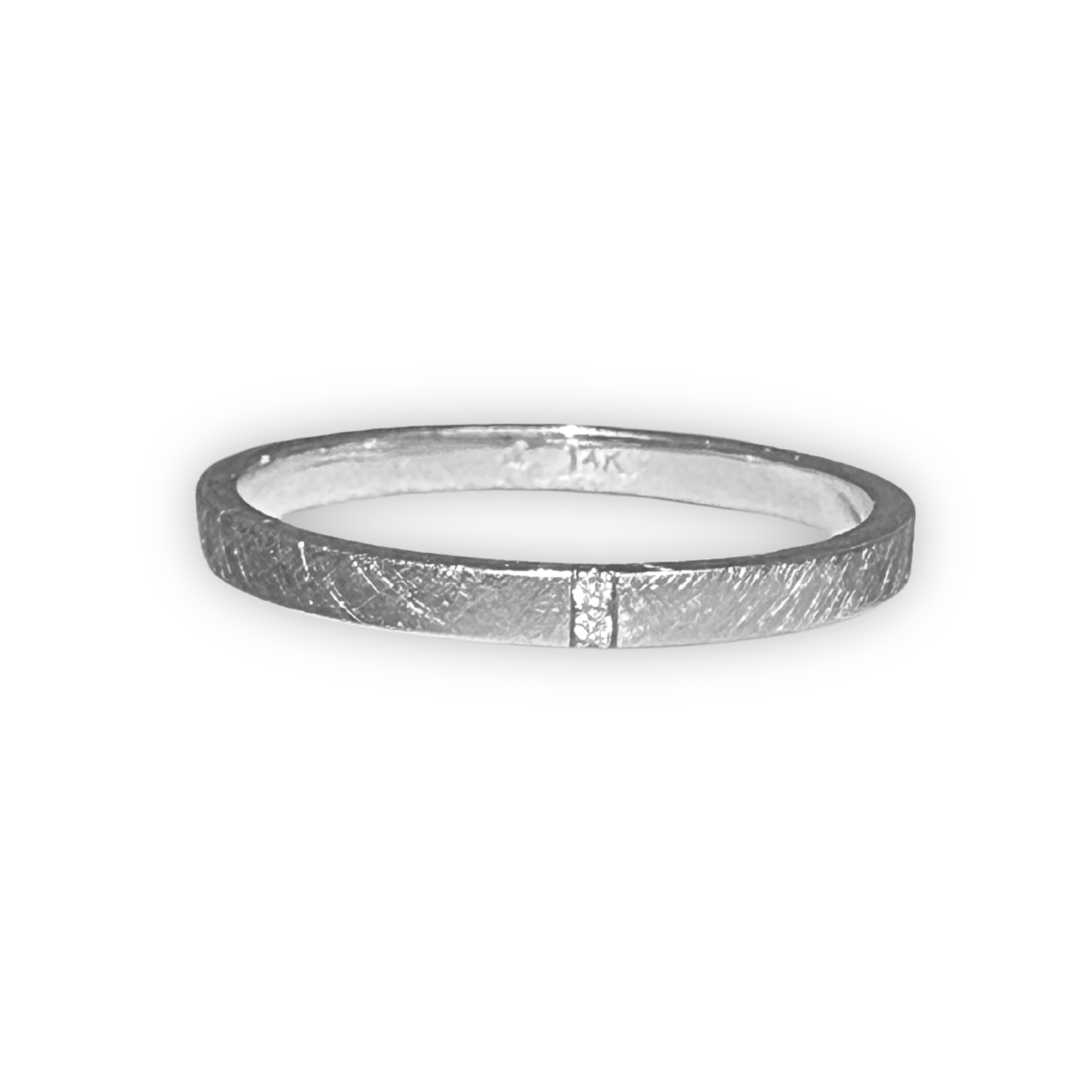 14k white gold stacker ring featuring two white diamonds set side by side in a satin finished band on a white background