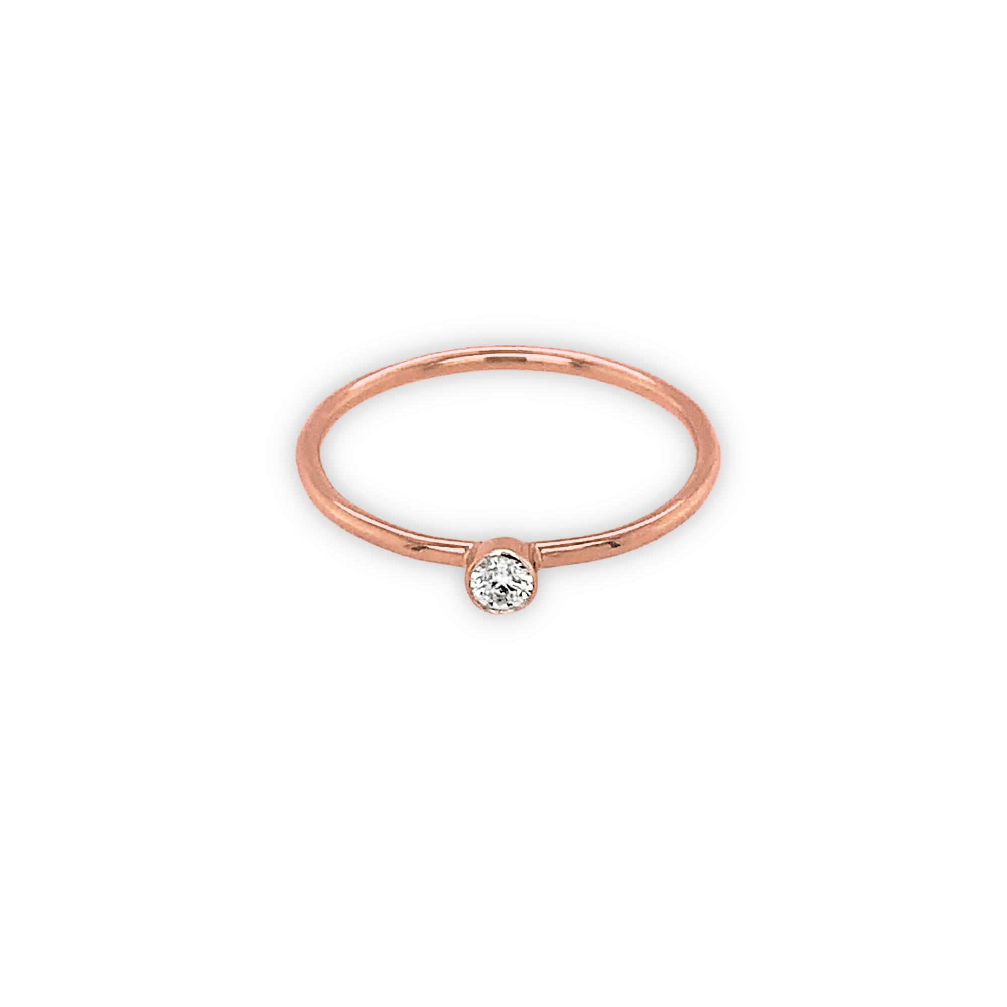 14k rose gold ring with a bezel set white diamond on a white background